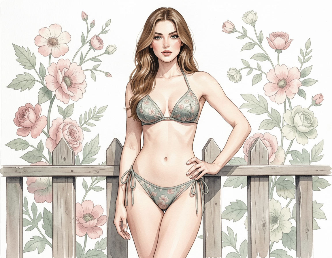 [Watercolor illustration of a woman in a floral sage bikini leaning on a wooden picket fence, framed by pastel garden flow...