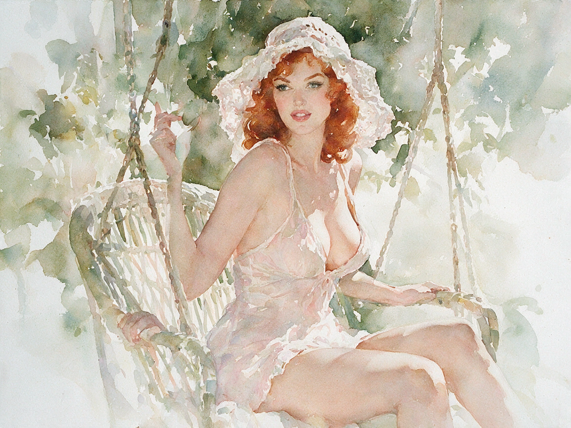 Soft watercolor of red-haired woman in a lace sunbonnet seated on a hanging wicker garden swing, sunlit foliage background