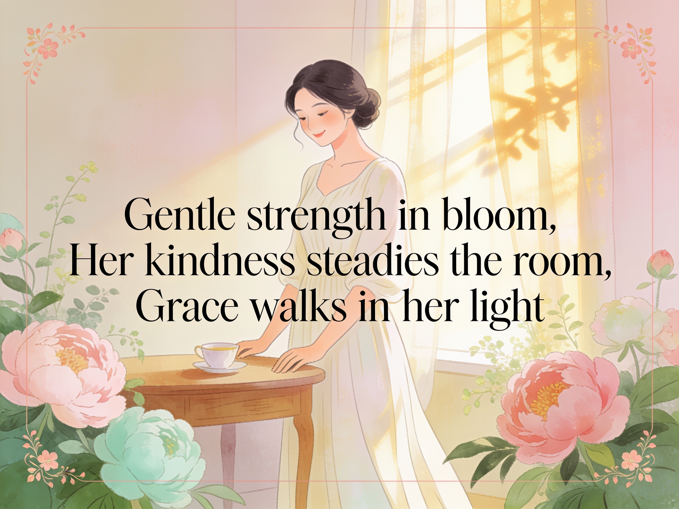 [Watercolor illustration of a gentle woman by a sunlit window, framed by peonies with a poetic quote celebrating feminine ...