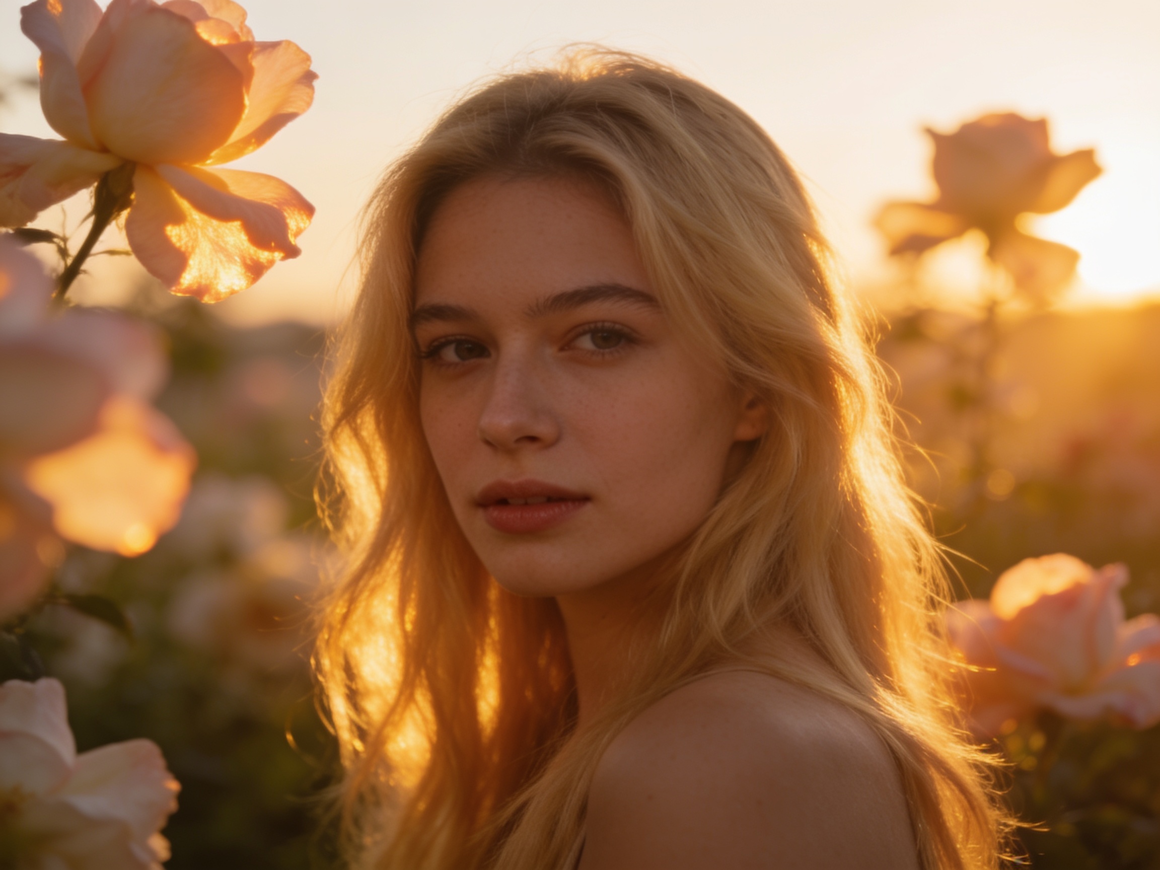 Close-up portrait of a blonde young woman framed by peach rose blooms in warm golden hour sunset lighting