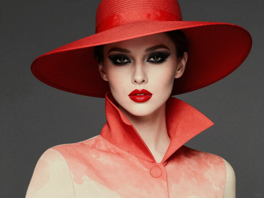 Closeup fashion portrait of an elegant woman wearing a wide brim red hat, bold red lipstick, and dramatic smoky eye makeup