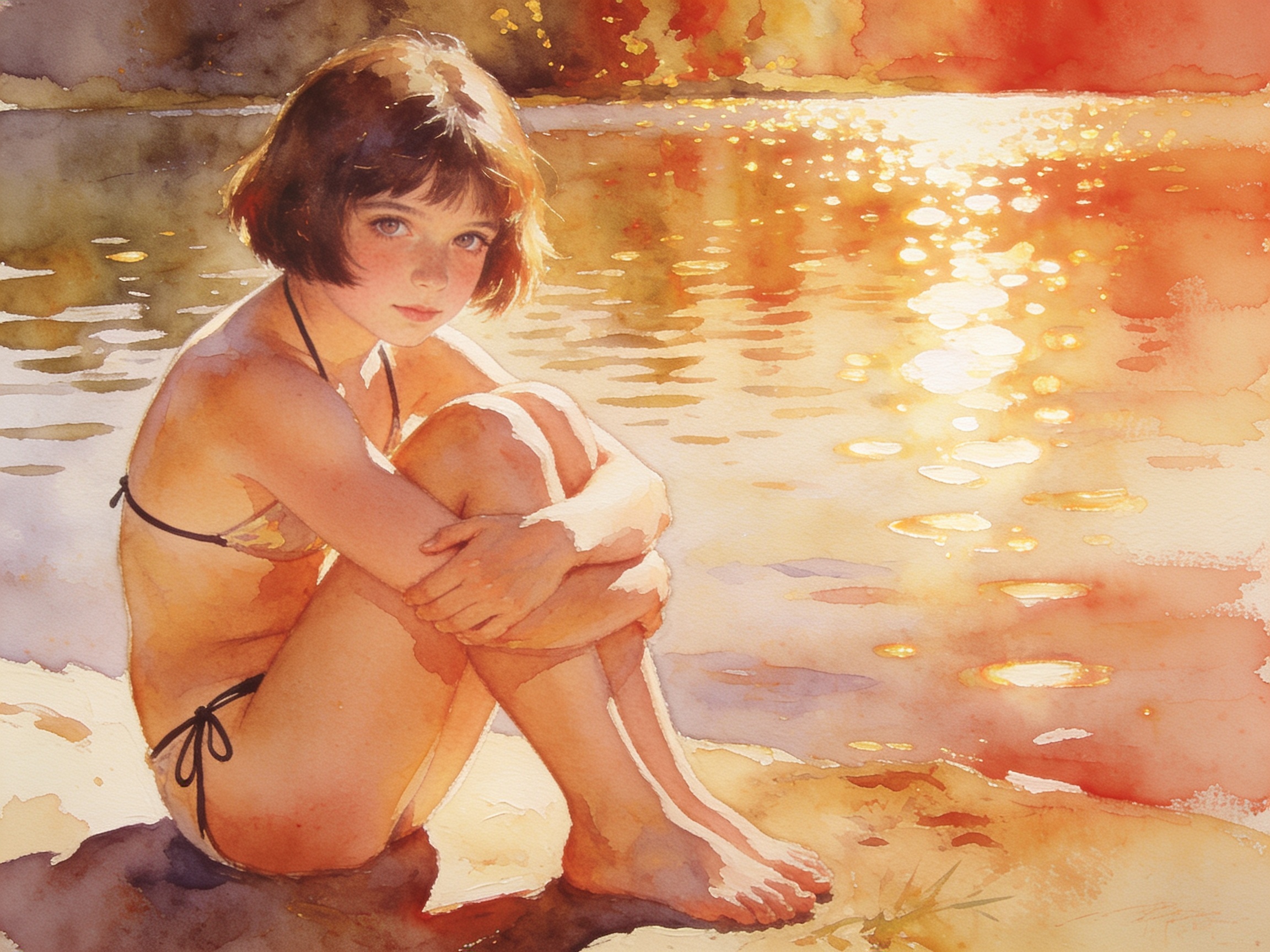 Watercolor portrait of young girl sitting on sunlit lakeshore beside shimmering golden sunset water