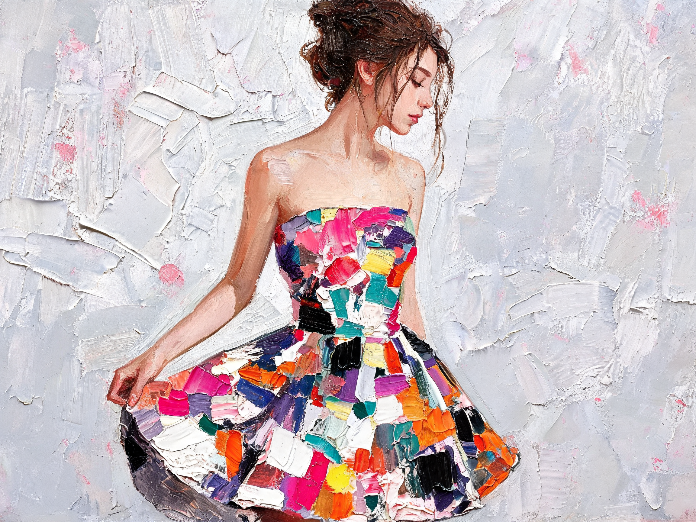 Thick impasto oil portrait of a young woman in a vibrant patchwork strapless dress, looking down in profile.