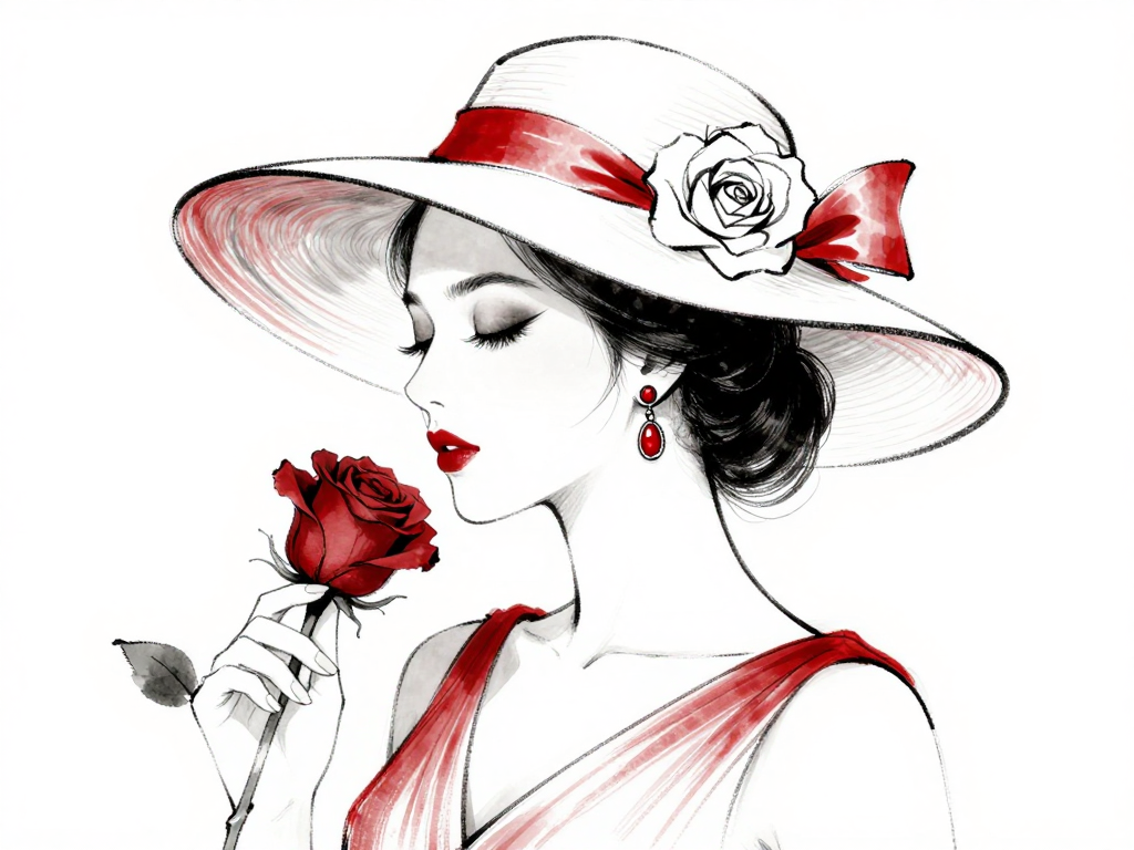 Elegant ink illustration of a woman in a wide brim hat holding a red rose, with bold red accent details.
