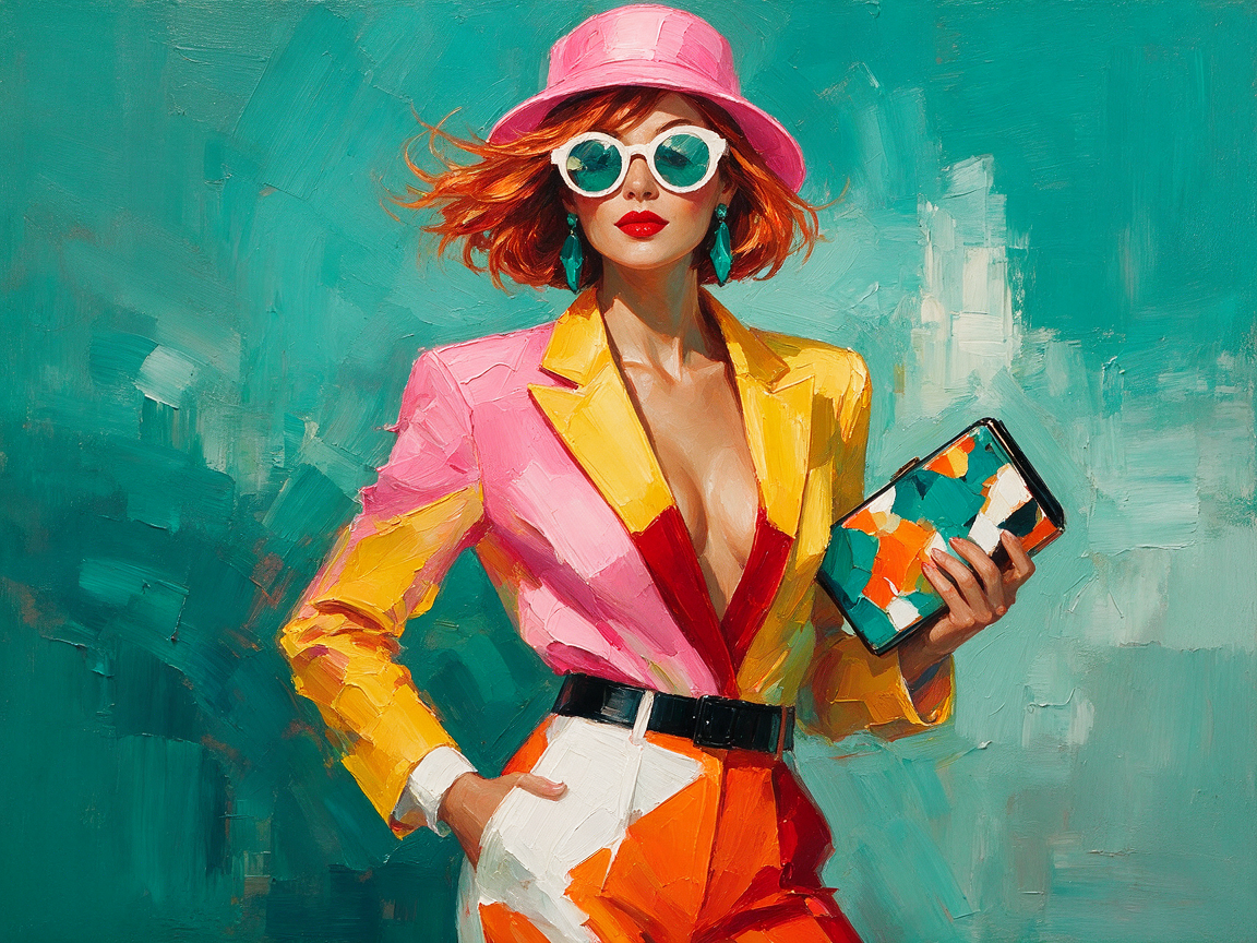 [Impasto oil portrait of a stylish red-haired woman in a bold color-blocked outfit, pink bucket hat, against a teal painte...
