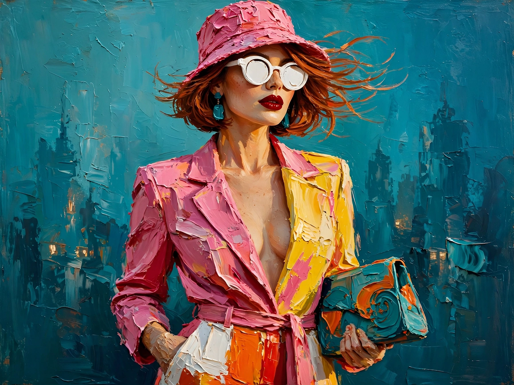 [Impasto oil painting of a stylish wind-blown red-haired woman in a pink bucket hat, bold colorful fashion, against a text...