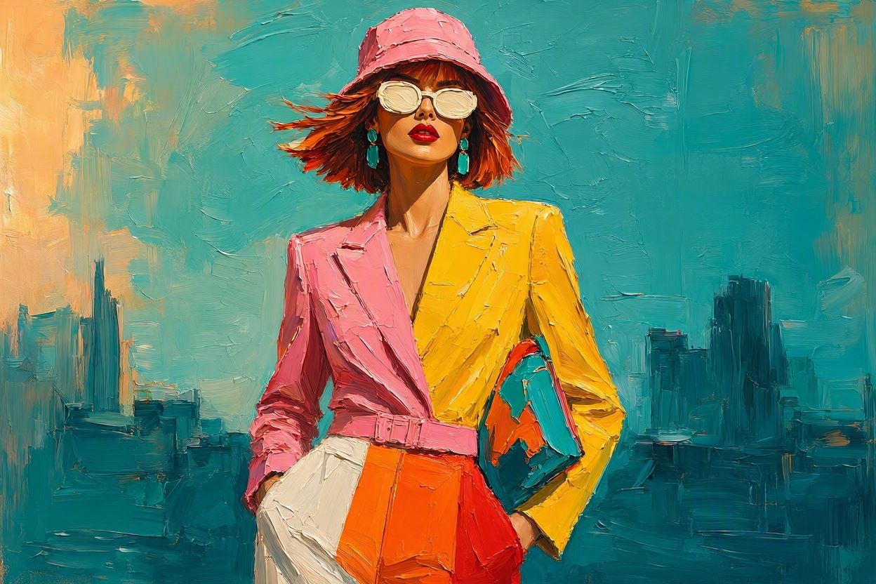 Textured impasto oil painting of a stylish woman in a bold color-blocked outfit, pink bucket hat, against a teal city skyline