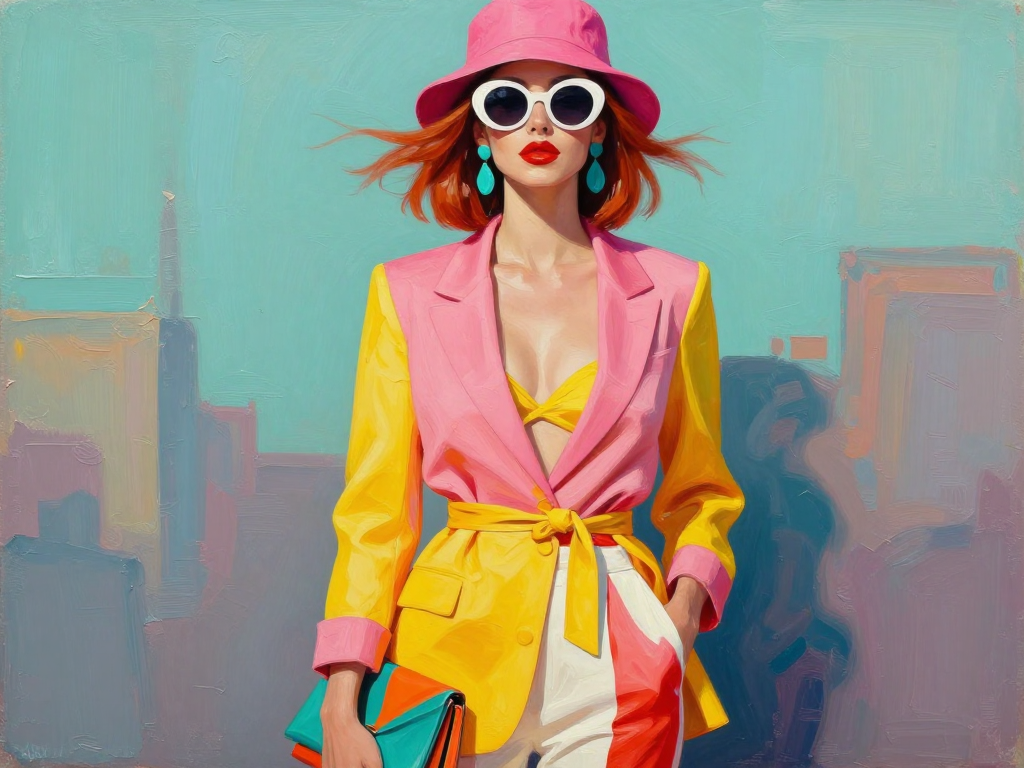 [Oil painting of a stylish red-haired woman in a pink bucket hat, retro sunglasses, and bold colorful outfit against a pas...