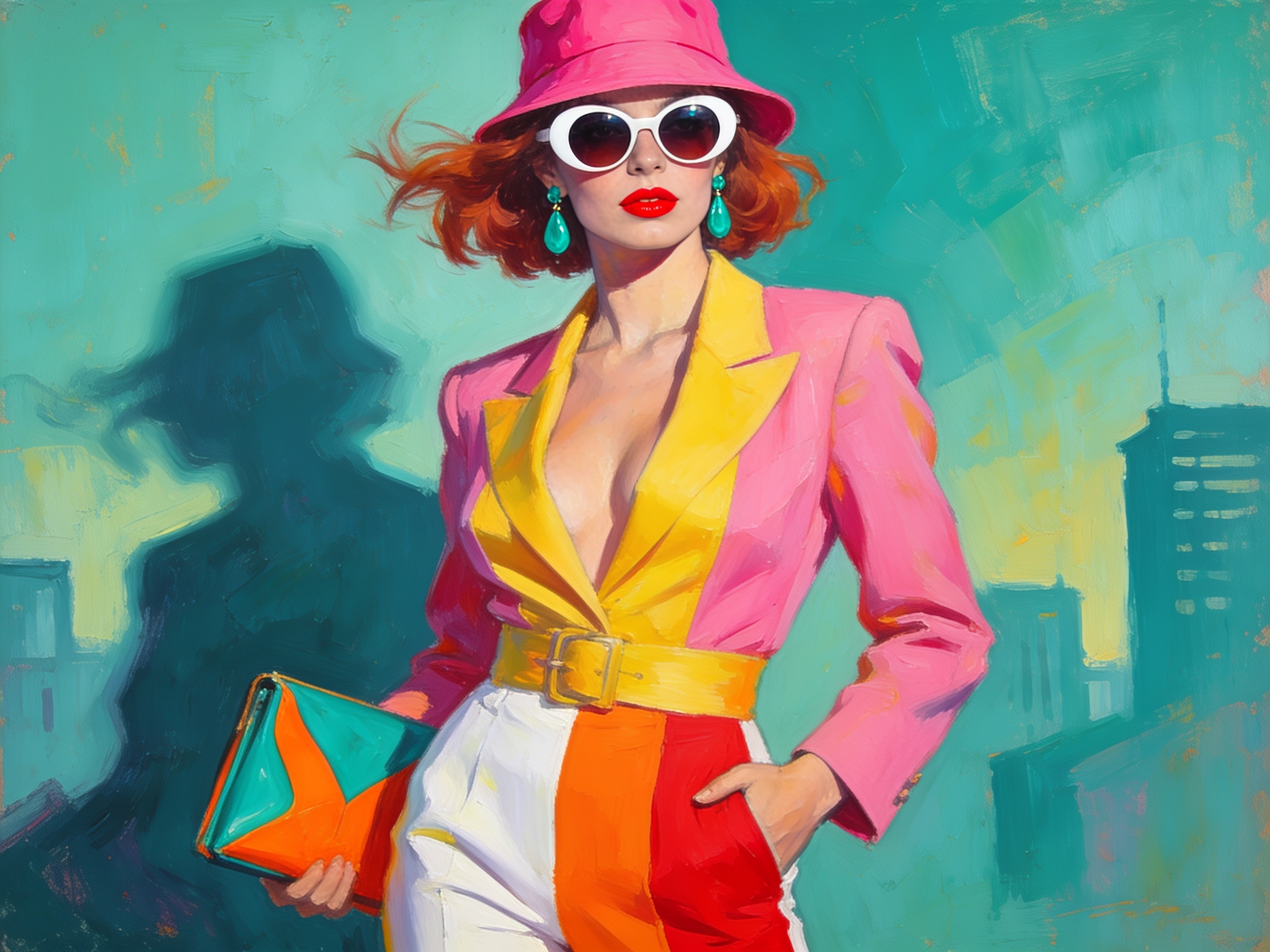 [Stylish retro painted portrait of a red-haired woman in a bright colorblock outfit, pink bucket hat, and sunglasses again...