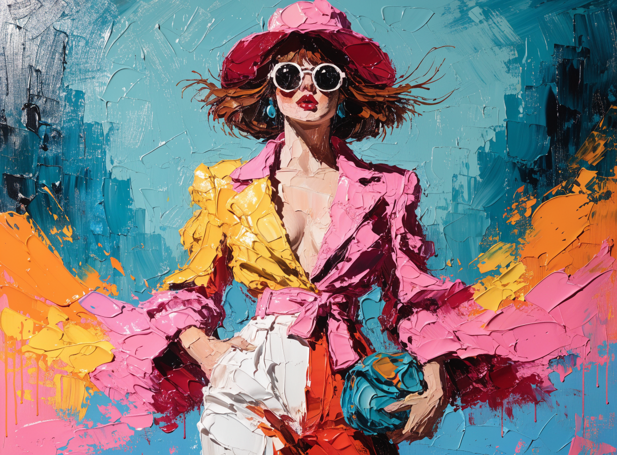 Thick impasto oil painting of a fashionable woman in a pink wide brim hat, round sunglasses, and bright bold mismatched ou...