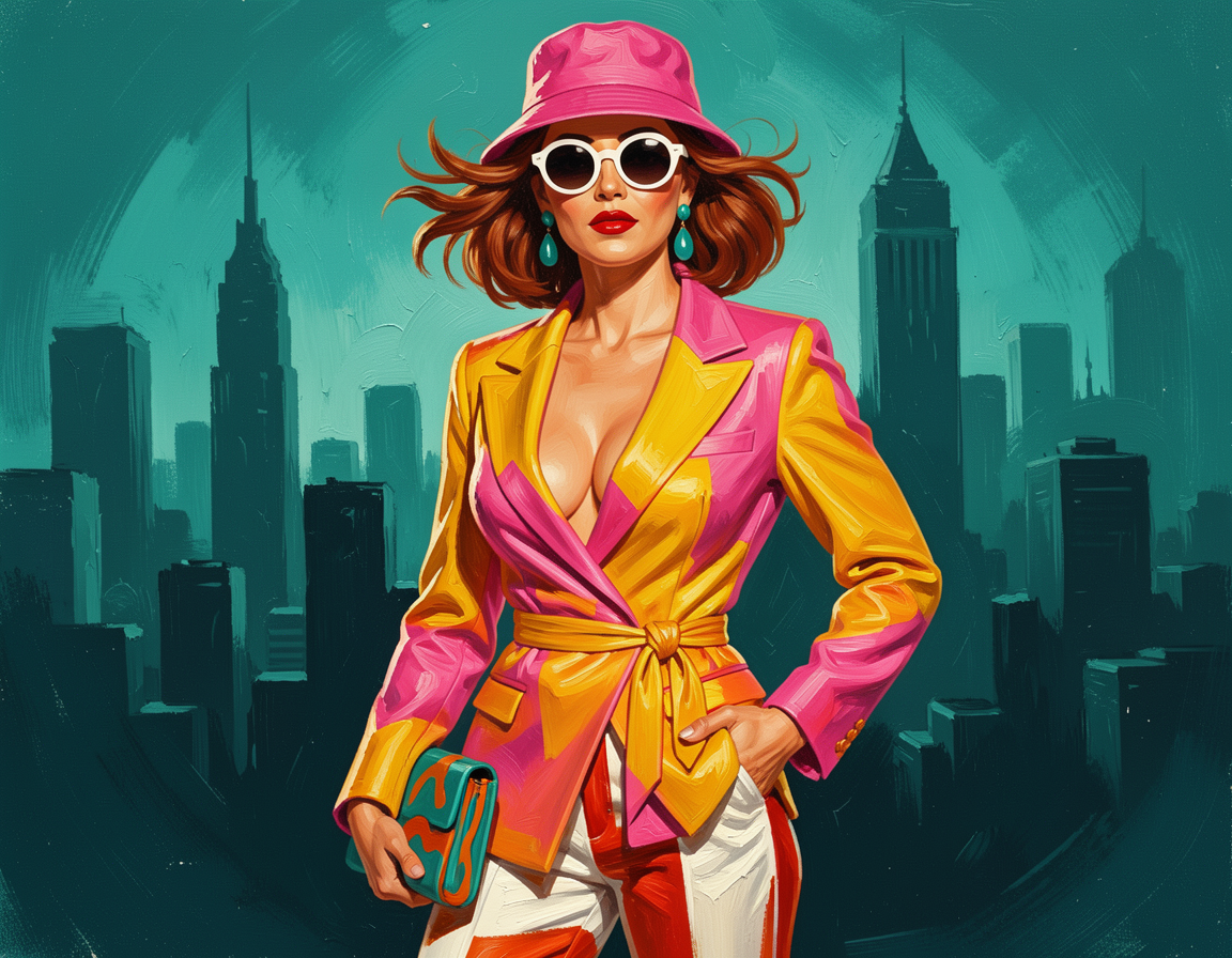 [Vibrant illustration of a stylish woman in a pink bucket hat and bold color-block blazer, posed against a teal retro city...