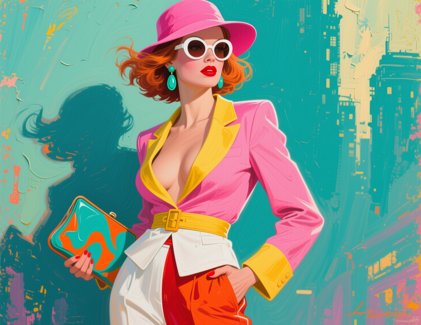 Pop art portrait of a glamorous retro woman in a pink hat and bold color-blocked outfit, against a textured teal city skyl...