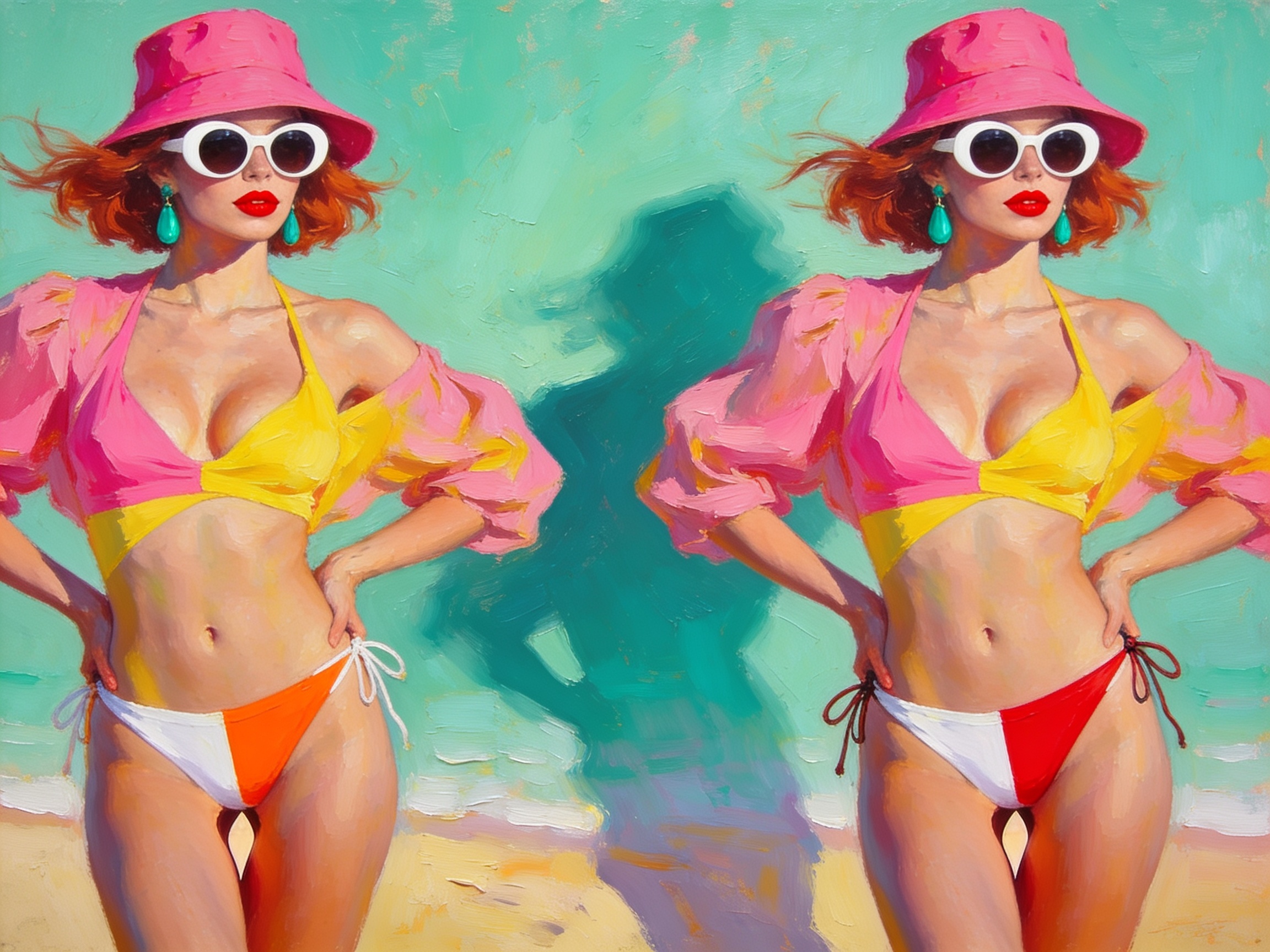 [Impasto oil painting side-by-side of a stylish retro beach woman in bright swimwear, pink bucket hat, against a sunny tur...