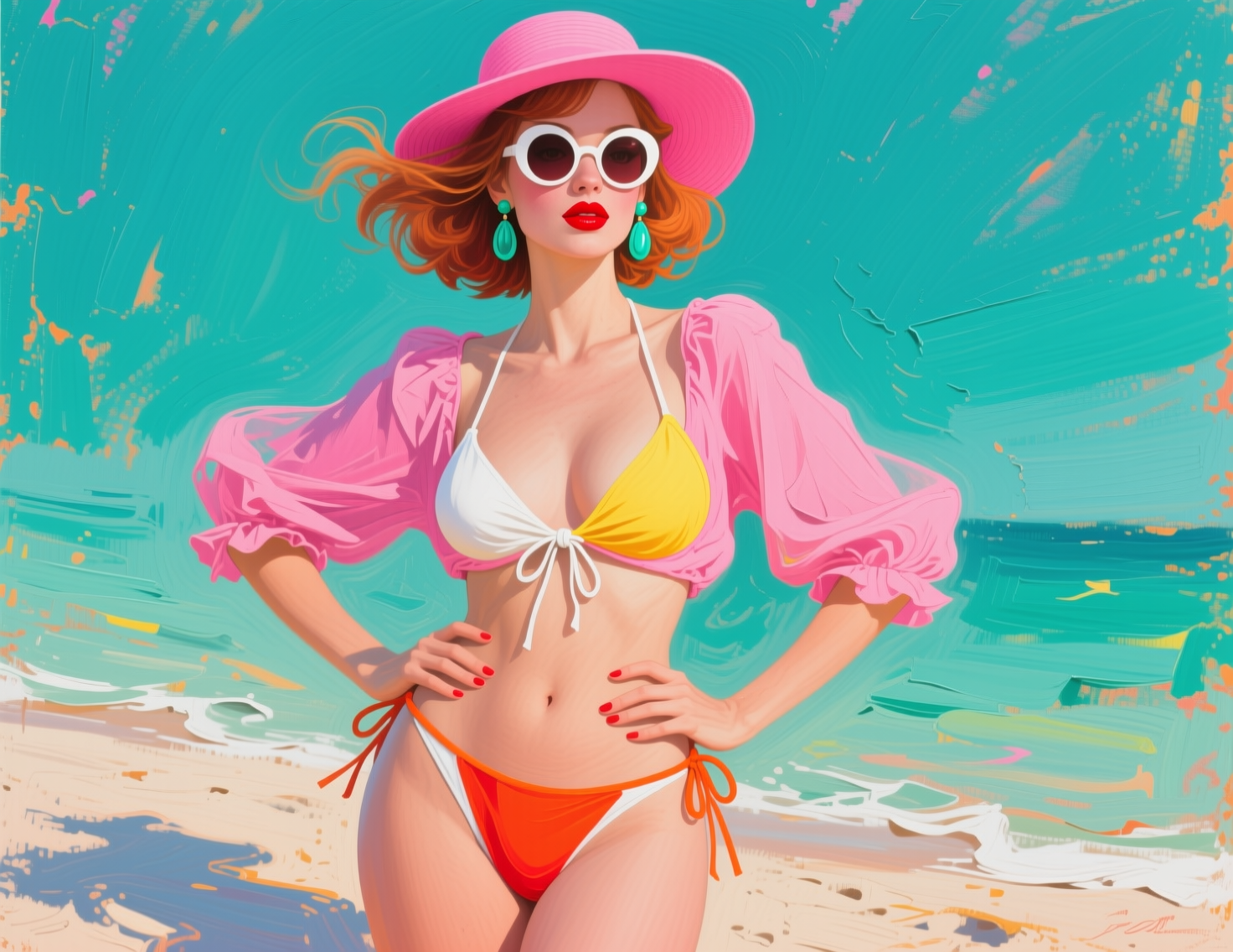 Vibrant retro painterly illustration of a stylish woman in summer beachwear standing on a turquoise shore