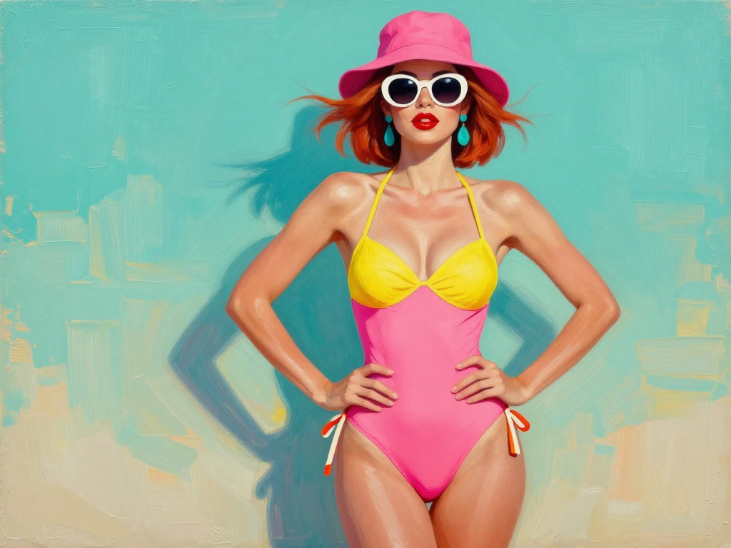 [Retro oil painting of a stylish red-haired woman in a bright swimsuit, pink bucket hat, and sunglasses against a turquois...