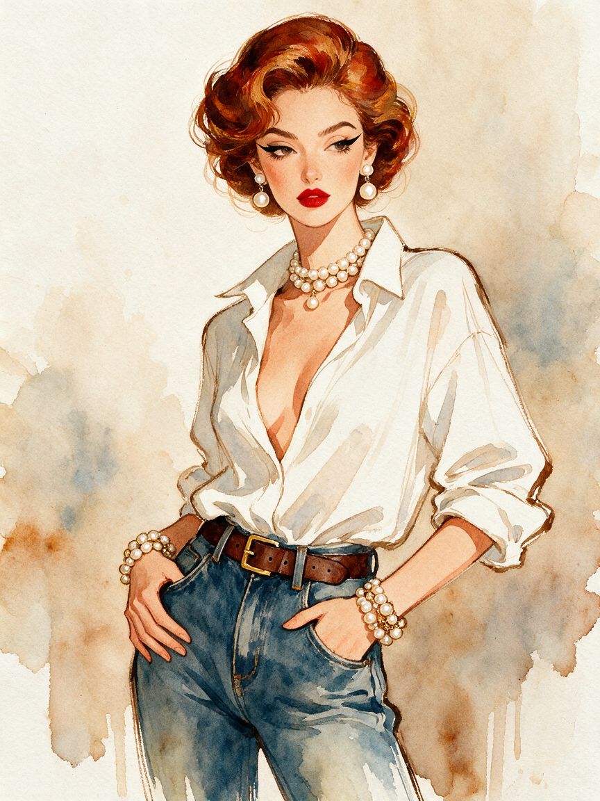 [Watercolor illustration of stylish retro woman with auburn curly hair, pearl jewelry, casual chic outfit, hands in jeans ...