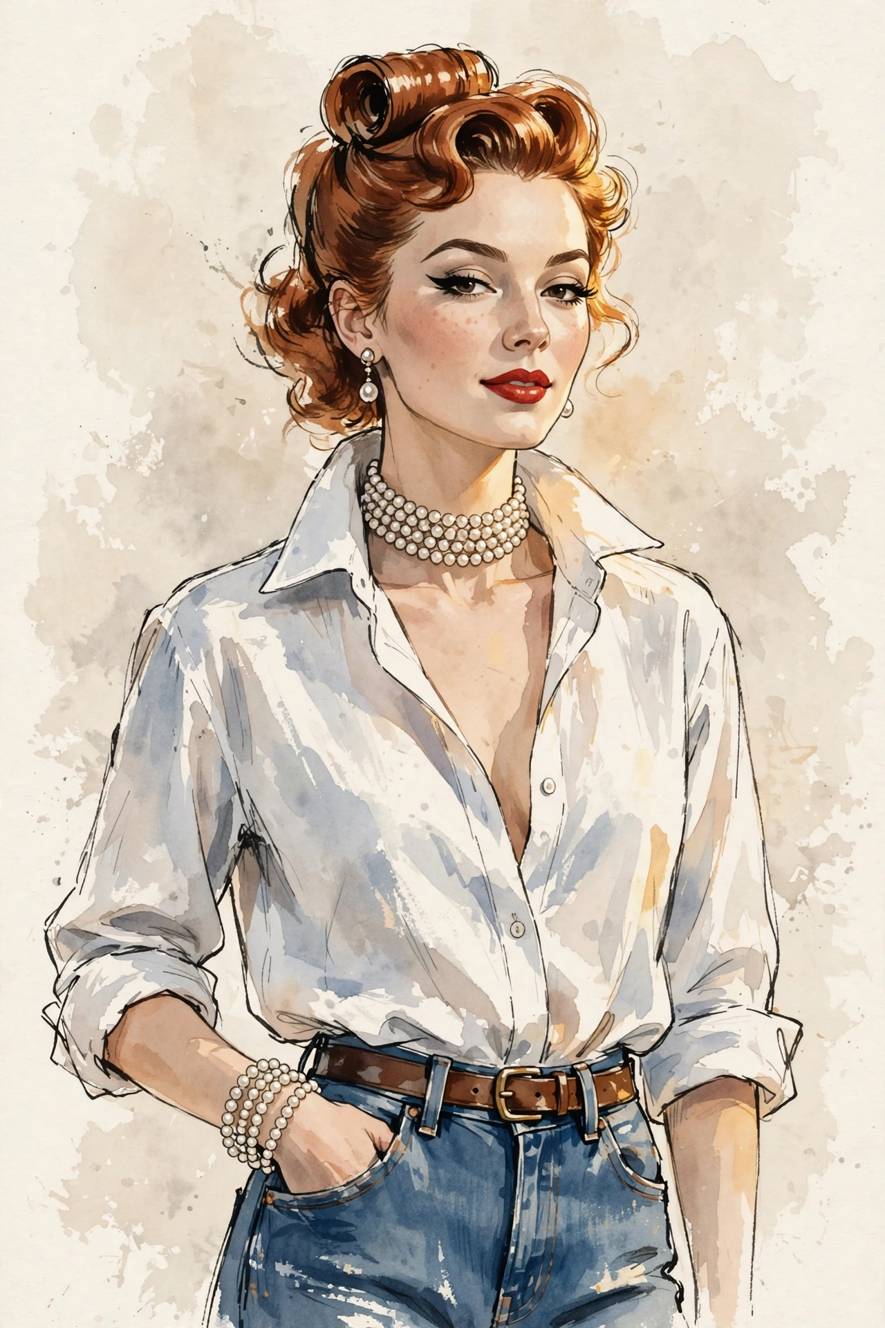 Watercolor ink portrait of a glamorous 1950s-style redhead woman wearing casual wear and layered pearl jewelry