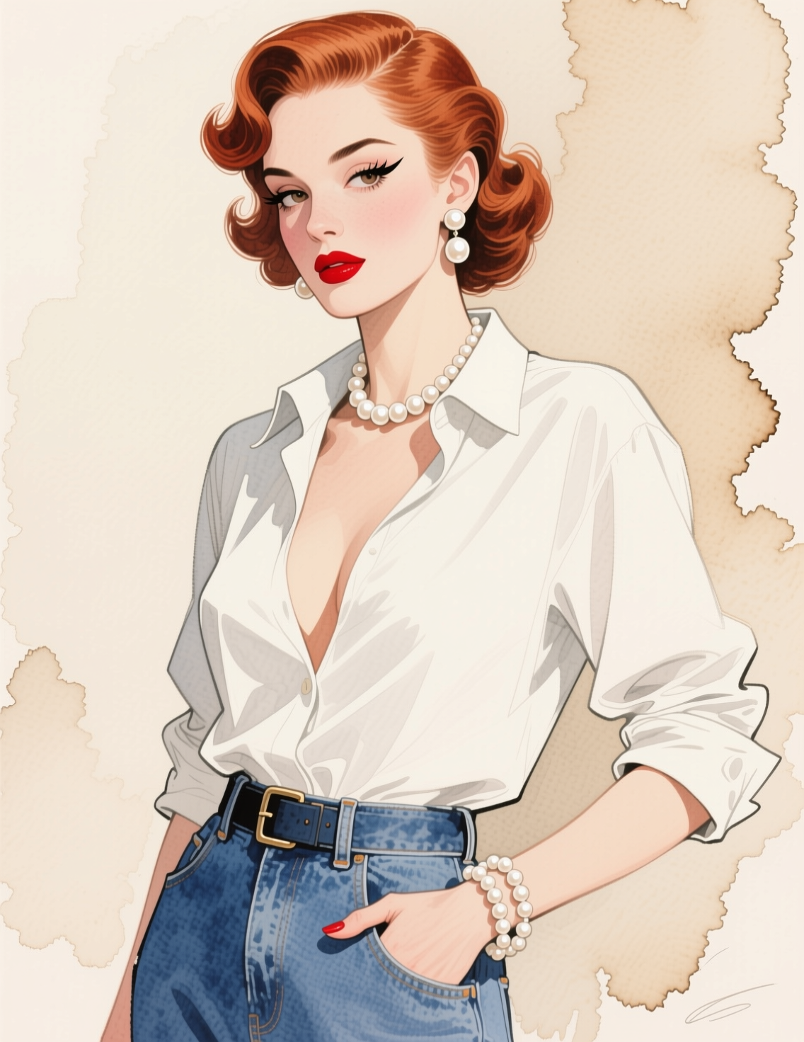 Glamorous retro illustrated portrait of red-haired vintage woman wearing pearl jewelry, white shirt and high-waisted jeans.