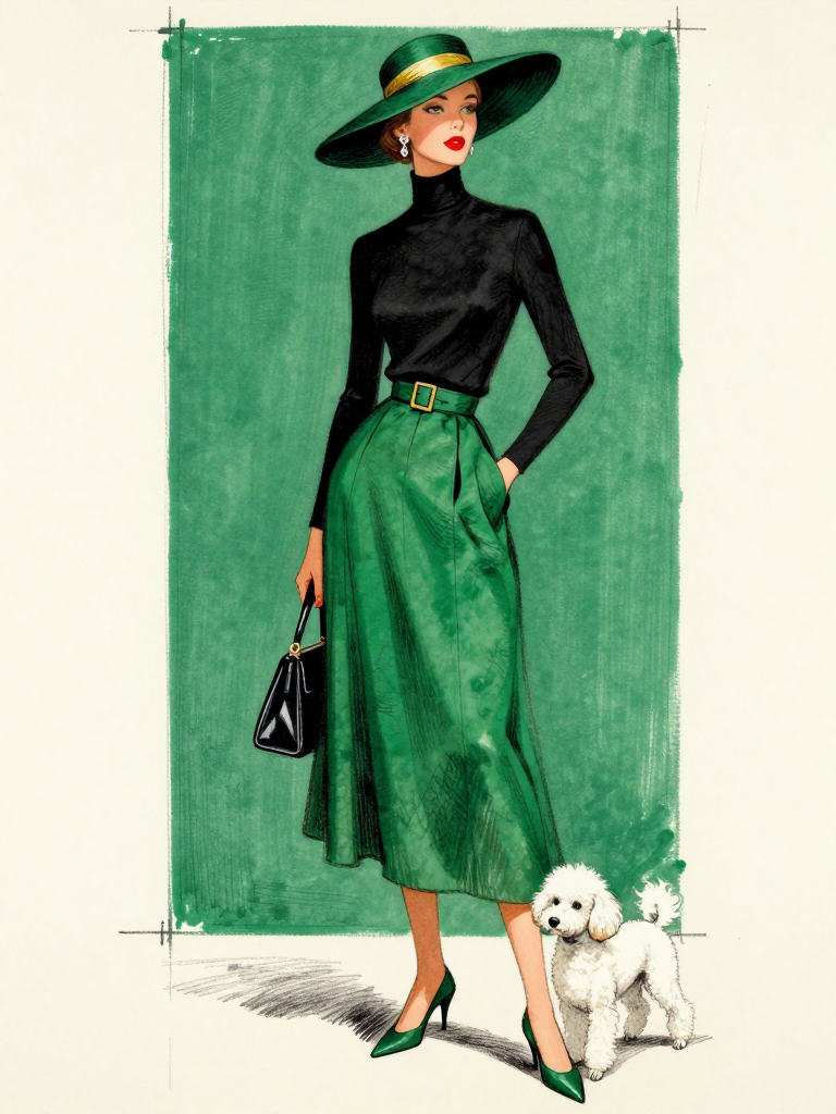 Vintage fashion sketch of elegant woman in green outfit standing beside a fluffy white toy poodle