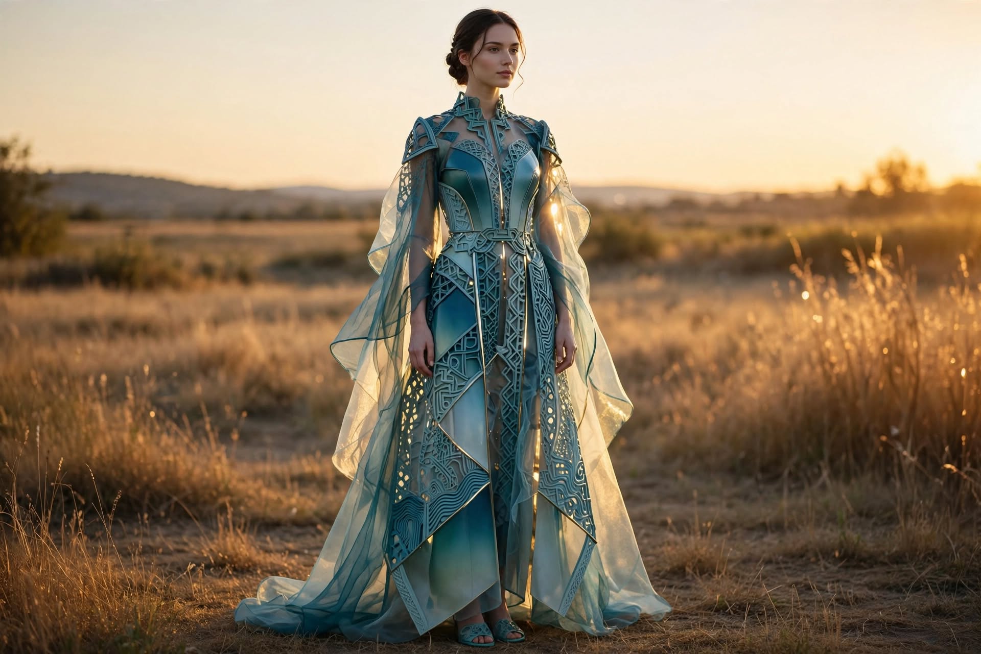 Elegant woman in intricate teal fantasy gown stands in a sunlit grassy meadow during golden hour sunset.