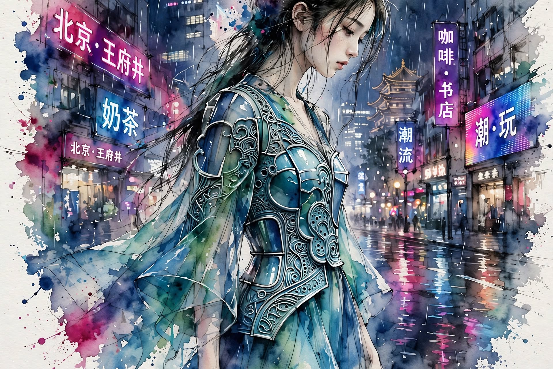 Watercolor illustration of pensive woman in ornate armor standing on rainy neon-lit Beijing Wangfujing street
