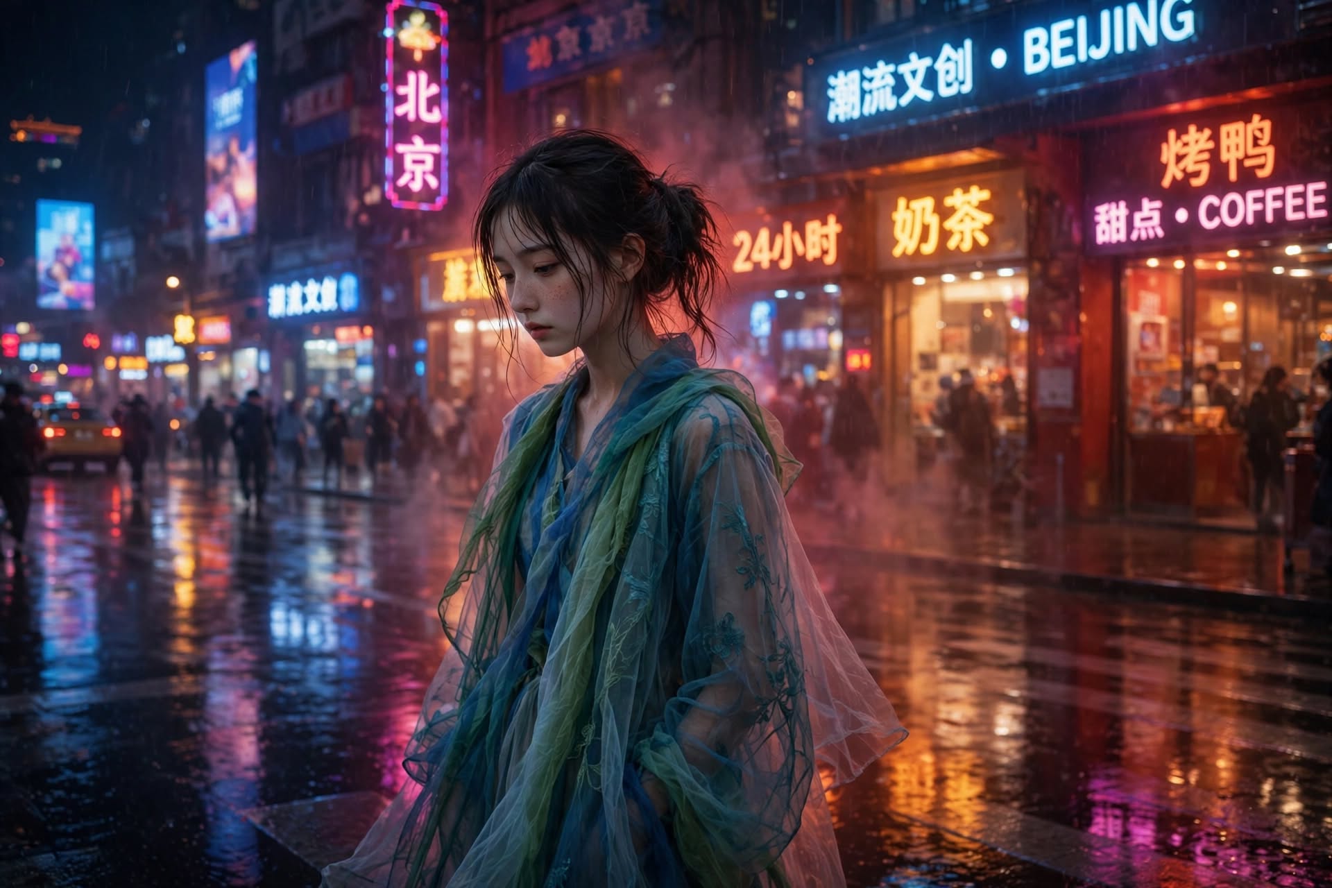 Pensive young woman in sheer blue-green hanfu stands on a rain-slick neon-lit Beijing downtown street on a rainy night.