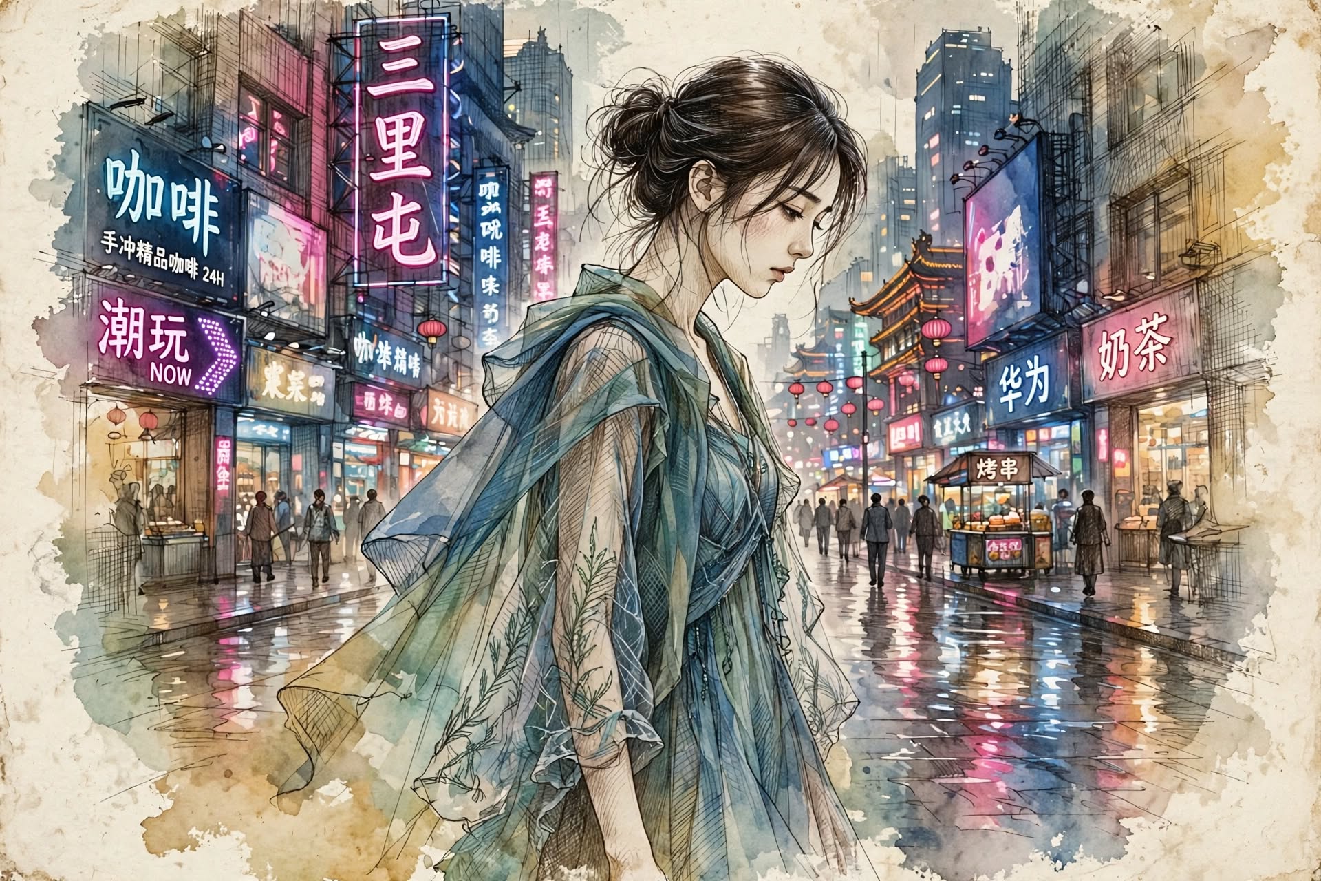Watercolor illustration of pensive young woman standing on rainy neon-lit downtown Beijing city street.