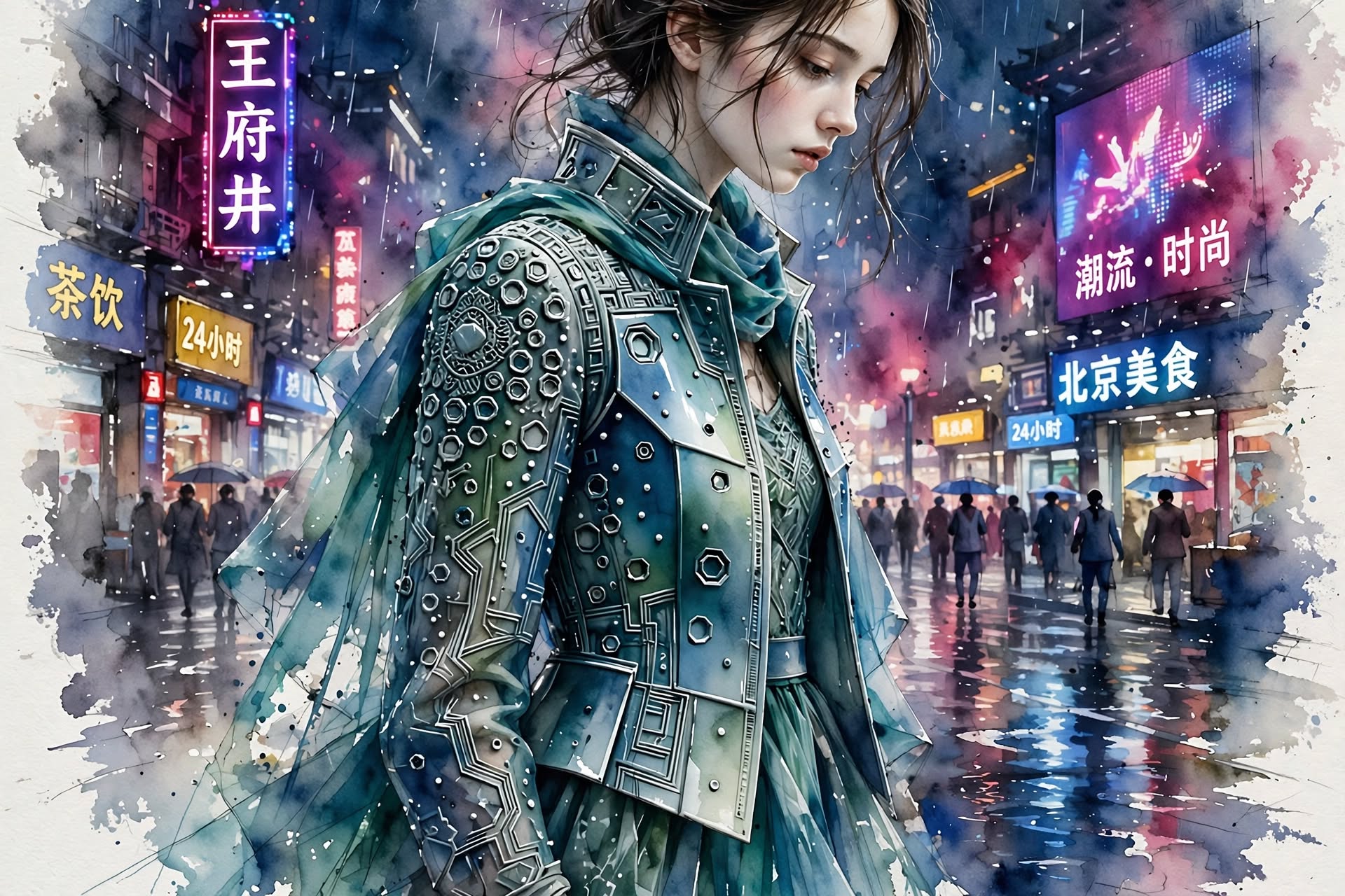 Watercolor illustration of pensive woman in futuristic armor on rainy neon-lit downtown Beijing street at night