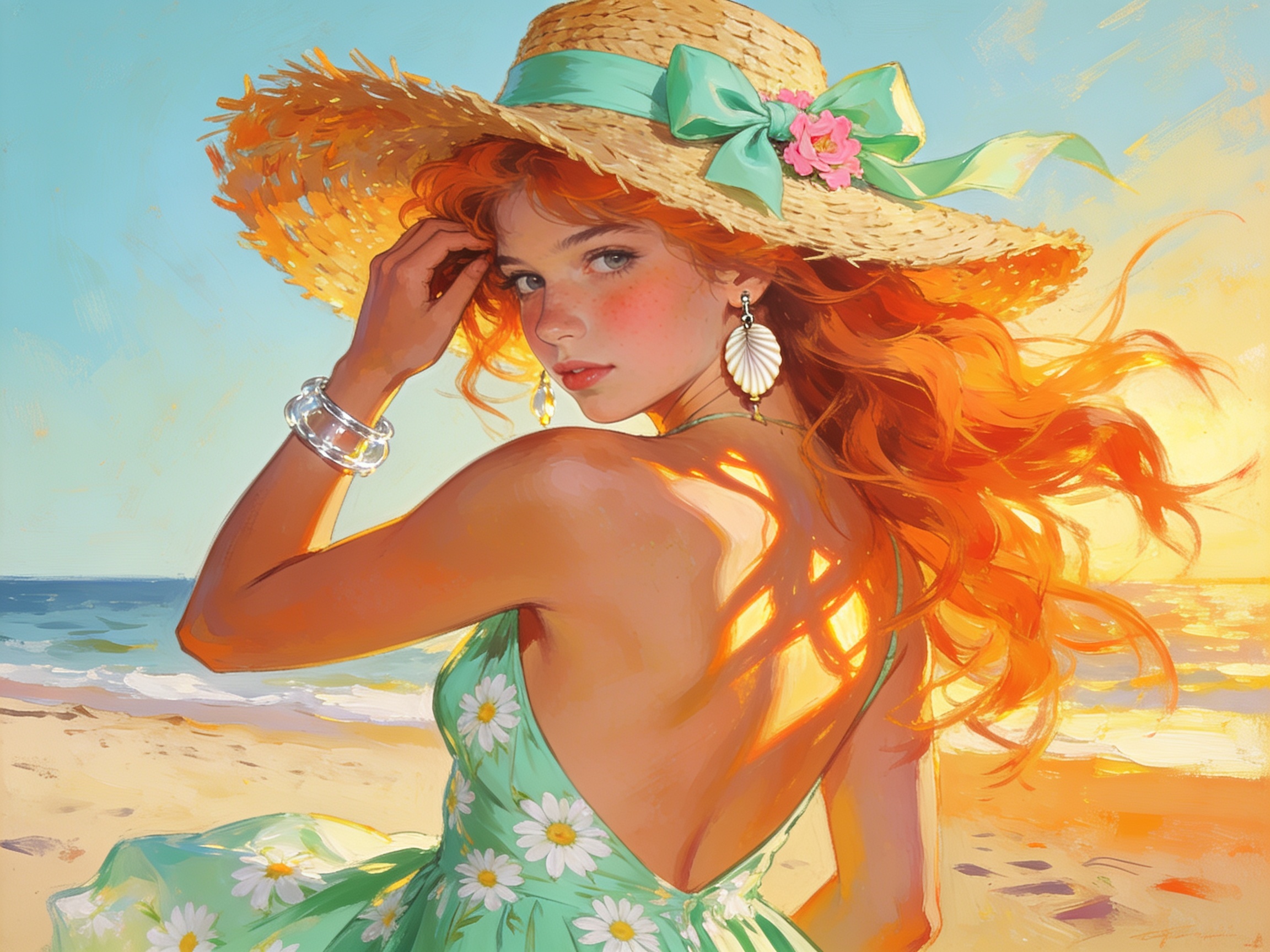 Painterly illustration of red-haired woman in a straw sun hat looking over her shoulder on a sunset beach