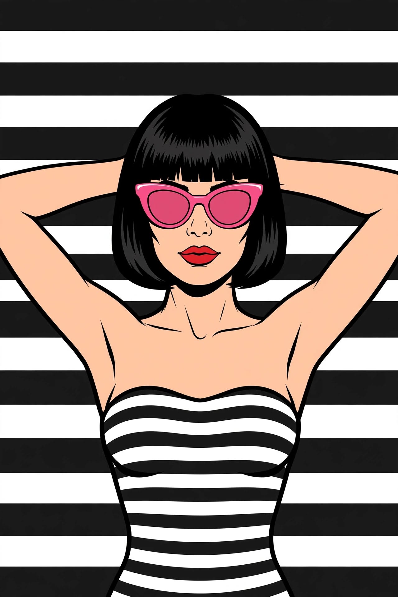 Pop art portrait of a stylish woman with a black bob, pink cat-eye sunglasses, striped swimsuit, hands behind head against...