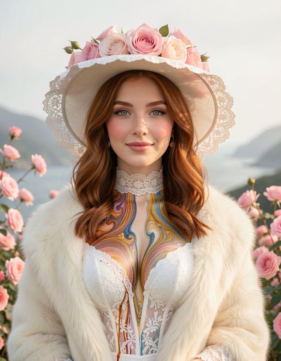 Red-haired woman in lace rose-adorned wide hat, white fur coat, standing among pink roses overlooking misty coastal hills