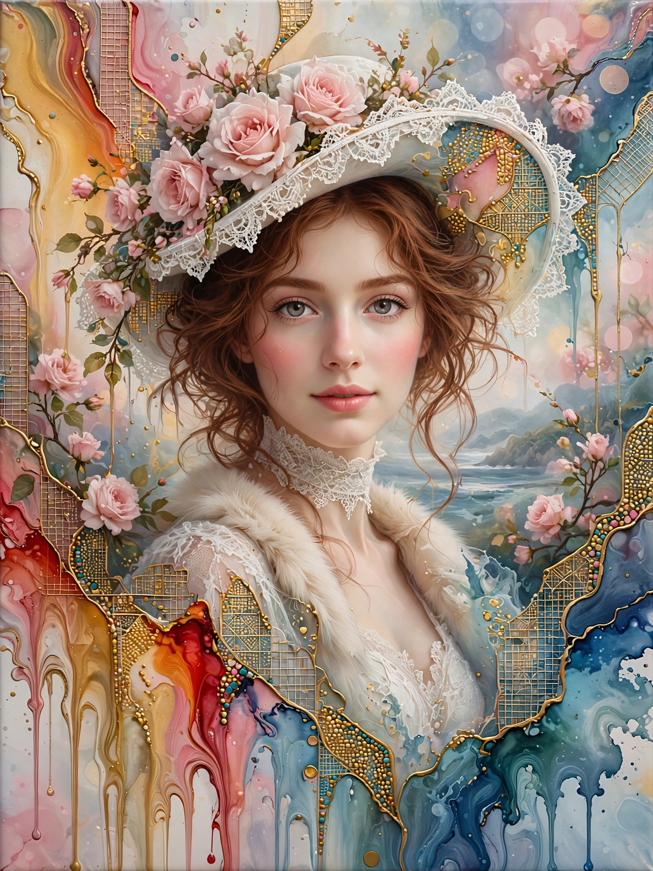 [Surreal fine art portrait of a soft Edwardian woman in a rose-adorned lace hat, set against a gilded fluid abstract backg...