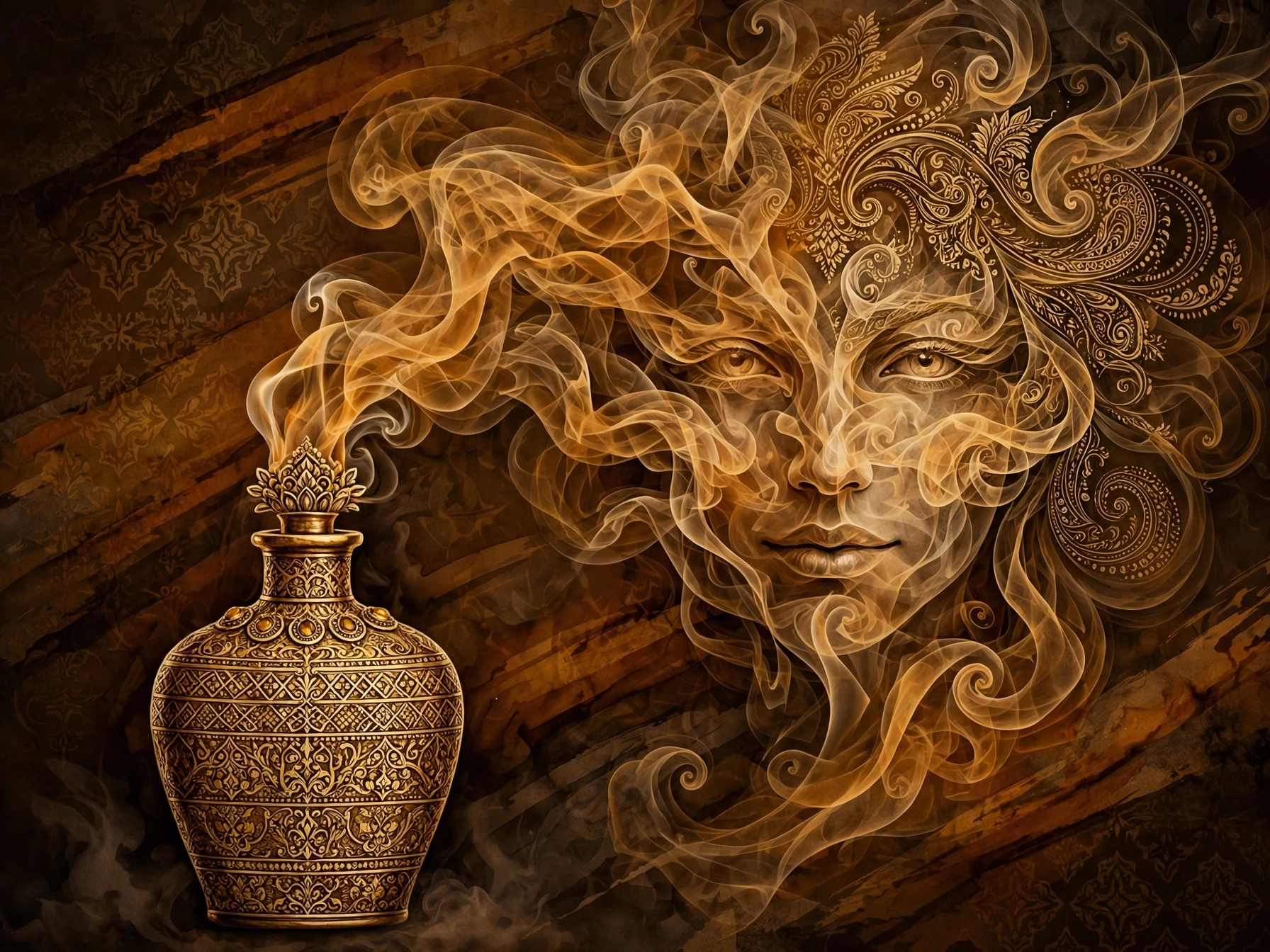 Intricate golden genie bottle releases swirling gilded smoke that forms a translucent mystical jinn face against a dark vi...