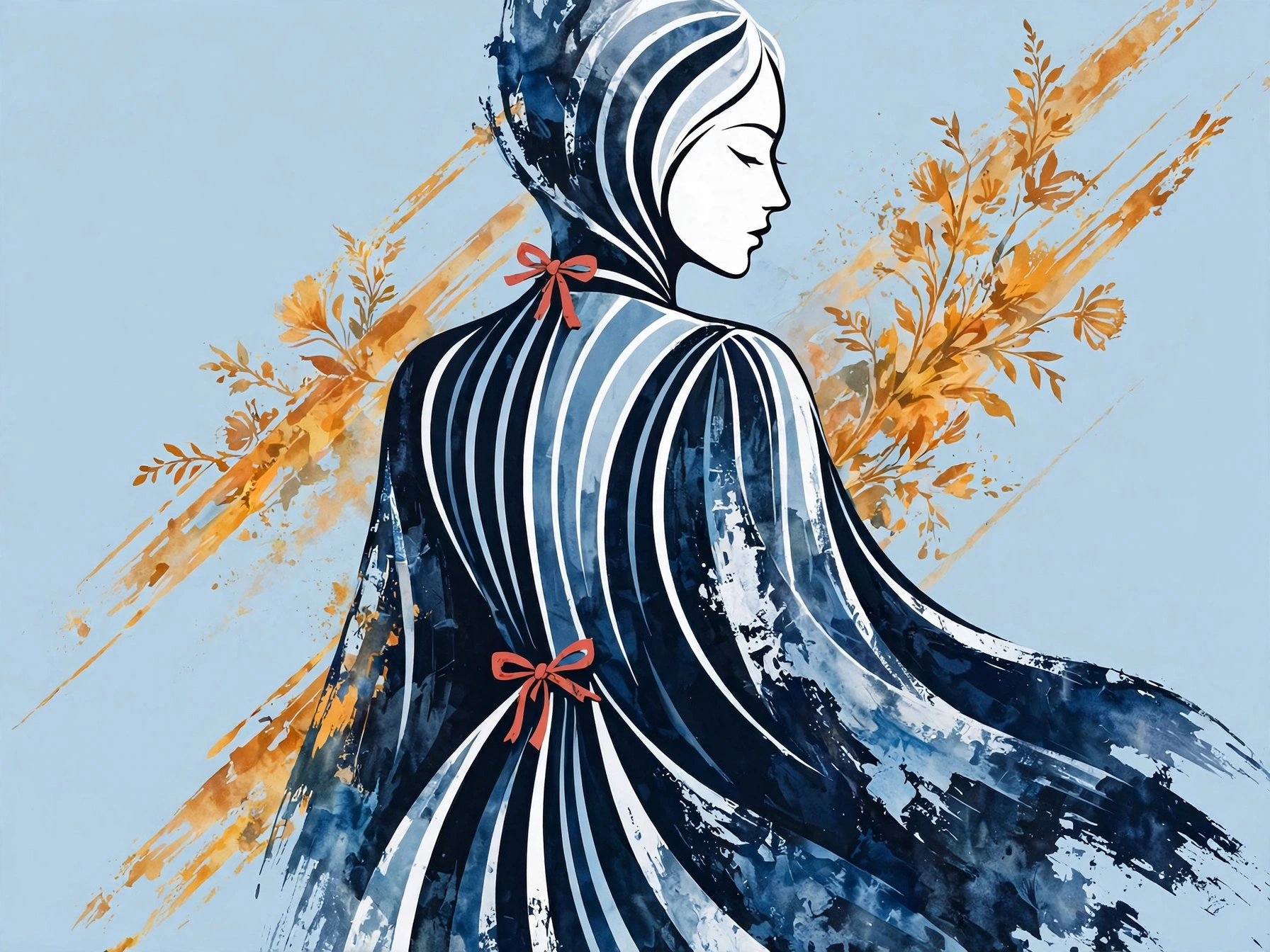 [Stylized profile illustration of a hooded woman in a striped cloak, with red bows and golden botanical accents on a soft ...
