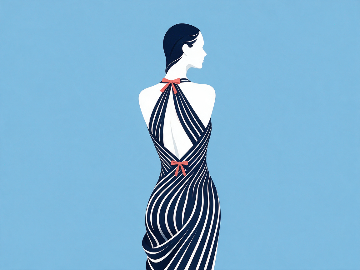 [Flat minimalist illustration of a woman in a backless striped halter gown, viewed from behind, against a pale light blue ...