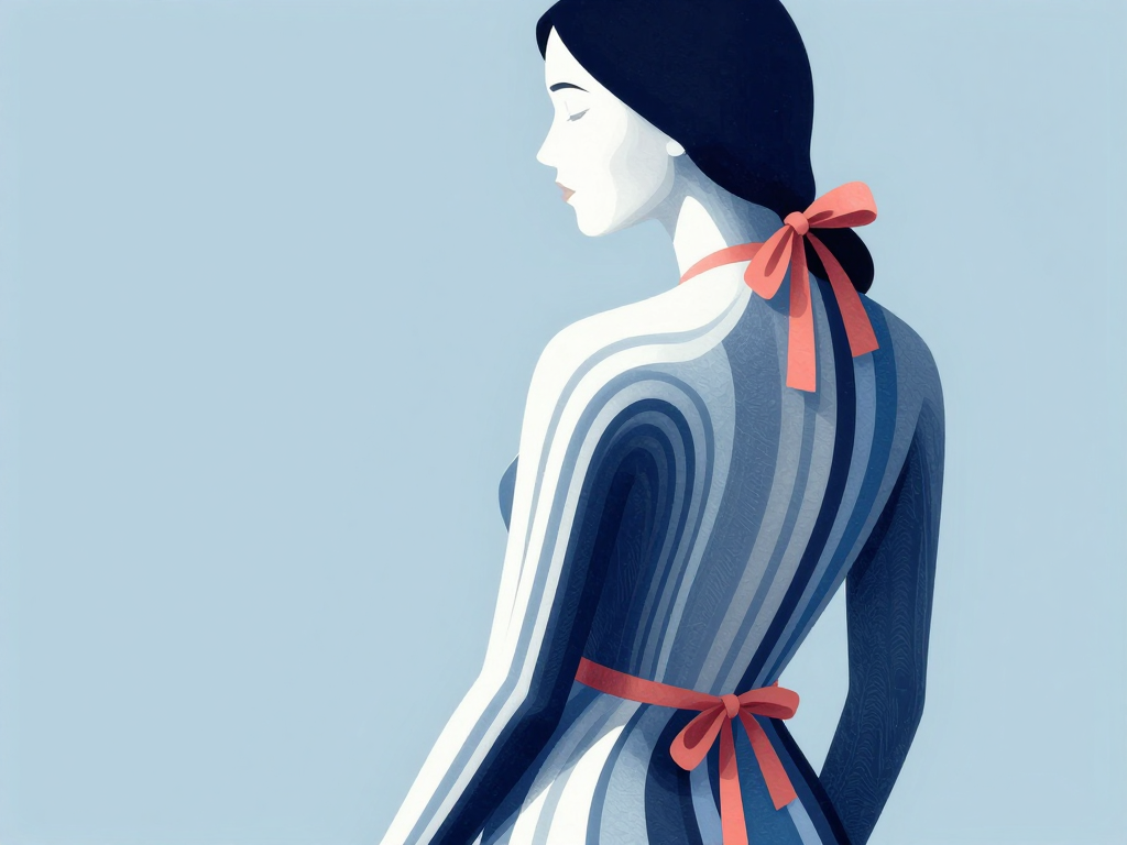 Minimalist flat illustration of a serene woman in profile, with blue gradient stripes and coral ribbon accents on a pale b...
