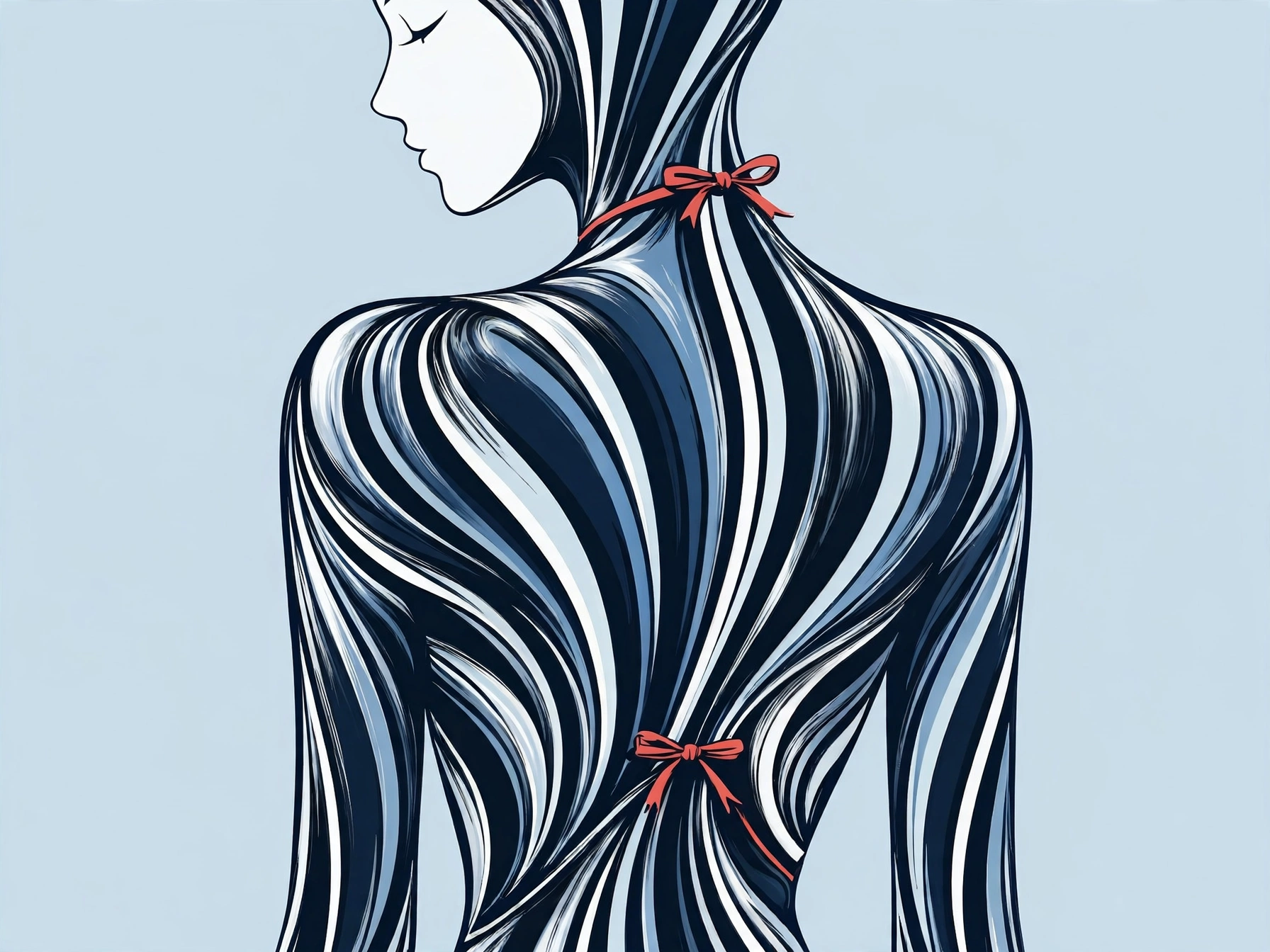 [Stylized surreal illustration of a serene female figure, formed from flowing blue stripes tied with small red bows on a p...