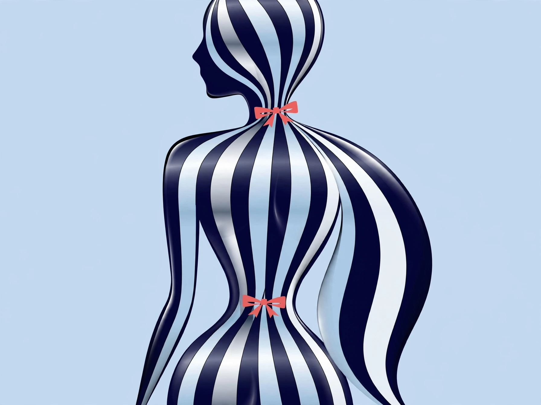 Stylized surreal illustration of a glossy striped female figure with red bow accents against a pale blue background.