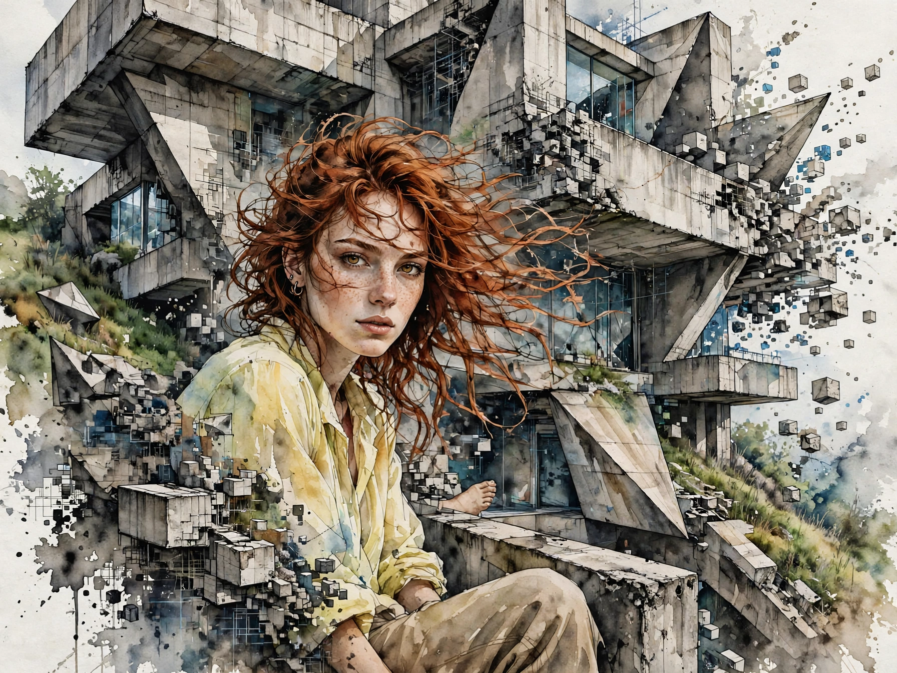[Watercolor portrait of windblown red-haired freckled woman, set against a dissolving brutalist hillside building with flo...