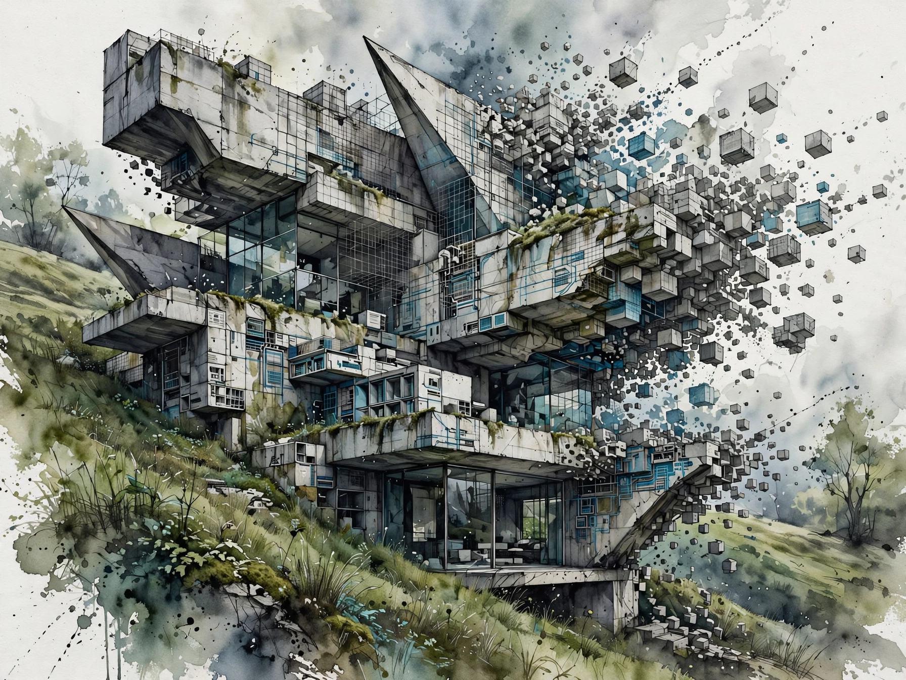 Watercolor of an overgrown brutalist hillside building dissolving into floating geometric cube modules.
