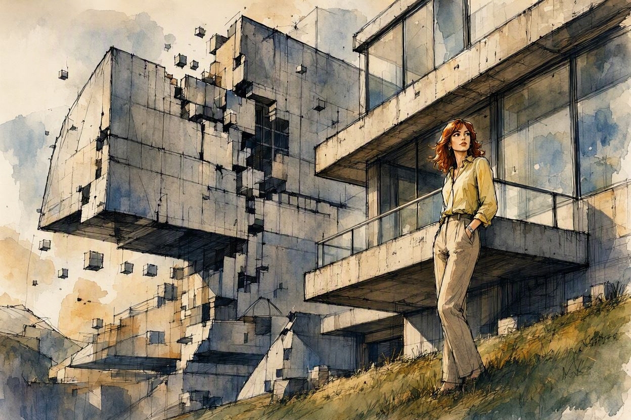 Watercolor sketch of a red-haired woman standing on a grassy hill beside surreal floating brutalist architecture under a w...
