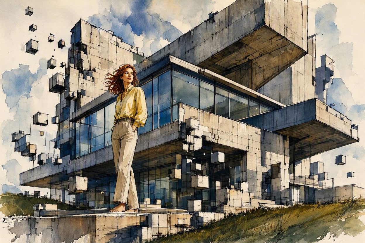 Watercolor illustration of a red-haired woman standing before a surreal brutalist building with floating concrete cubes.