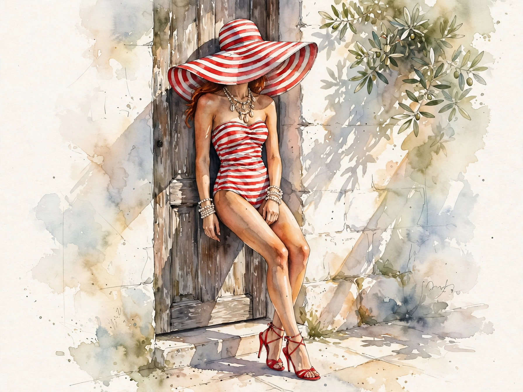 [Watercolor painting of a woman in matching red striped swimsuit and wide sun hat leaning against a weathered wooden door ...
