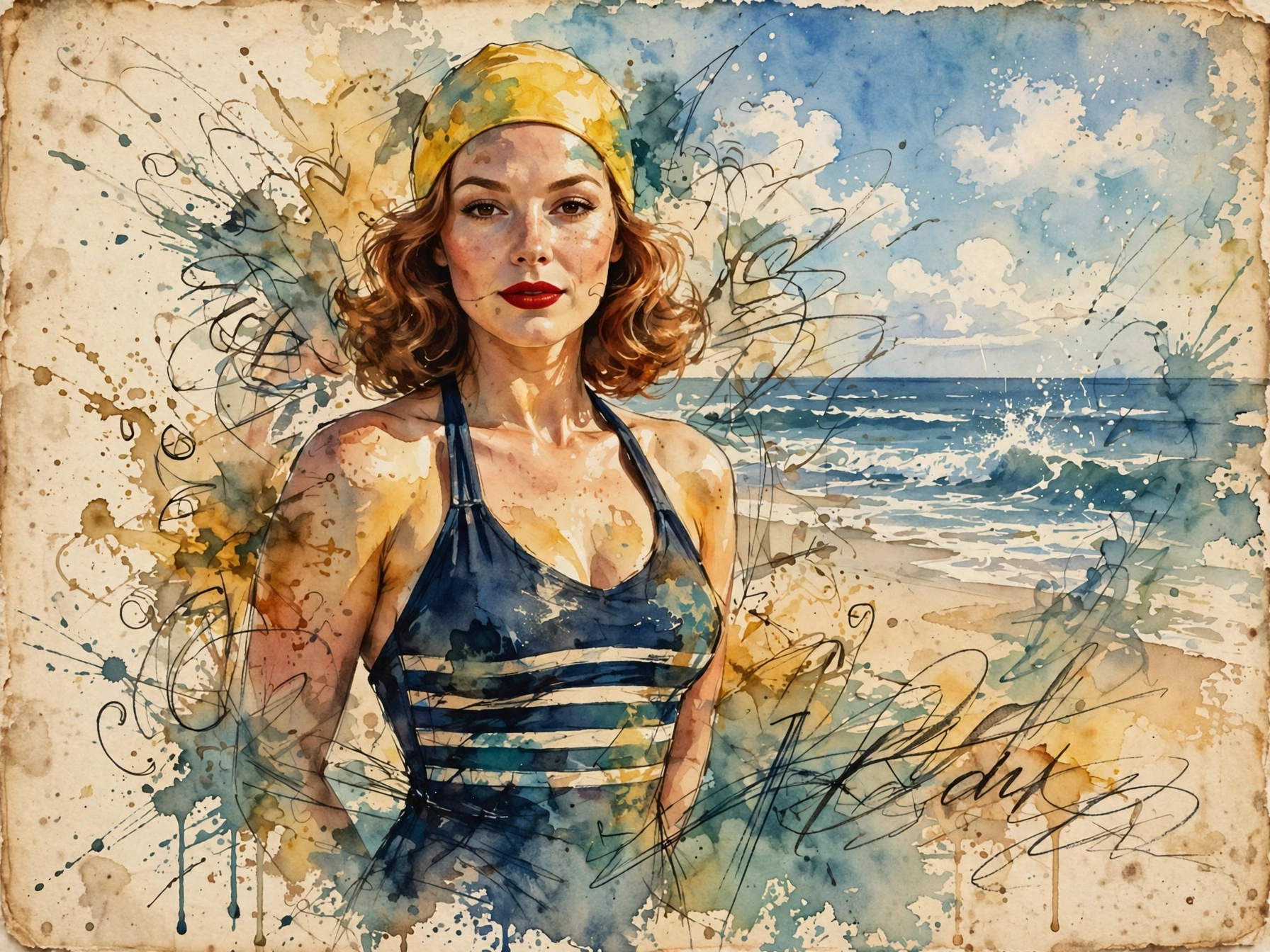 Watercolor portrait of a vintage woman in a yellow swim cap and striped swimsuit on a retro ocean beach