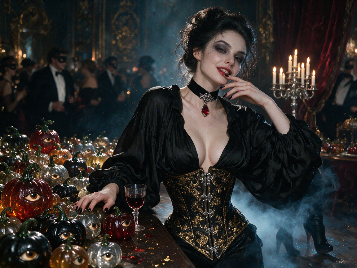 Gothic woman in an ornate corset leans on a table of eerie eyed pumpkins at a lavish spooky masquerade ball.