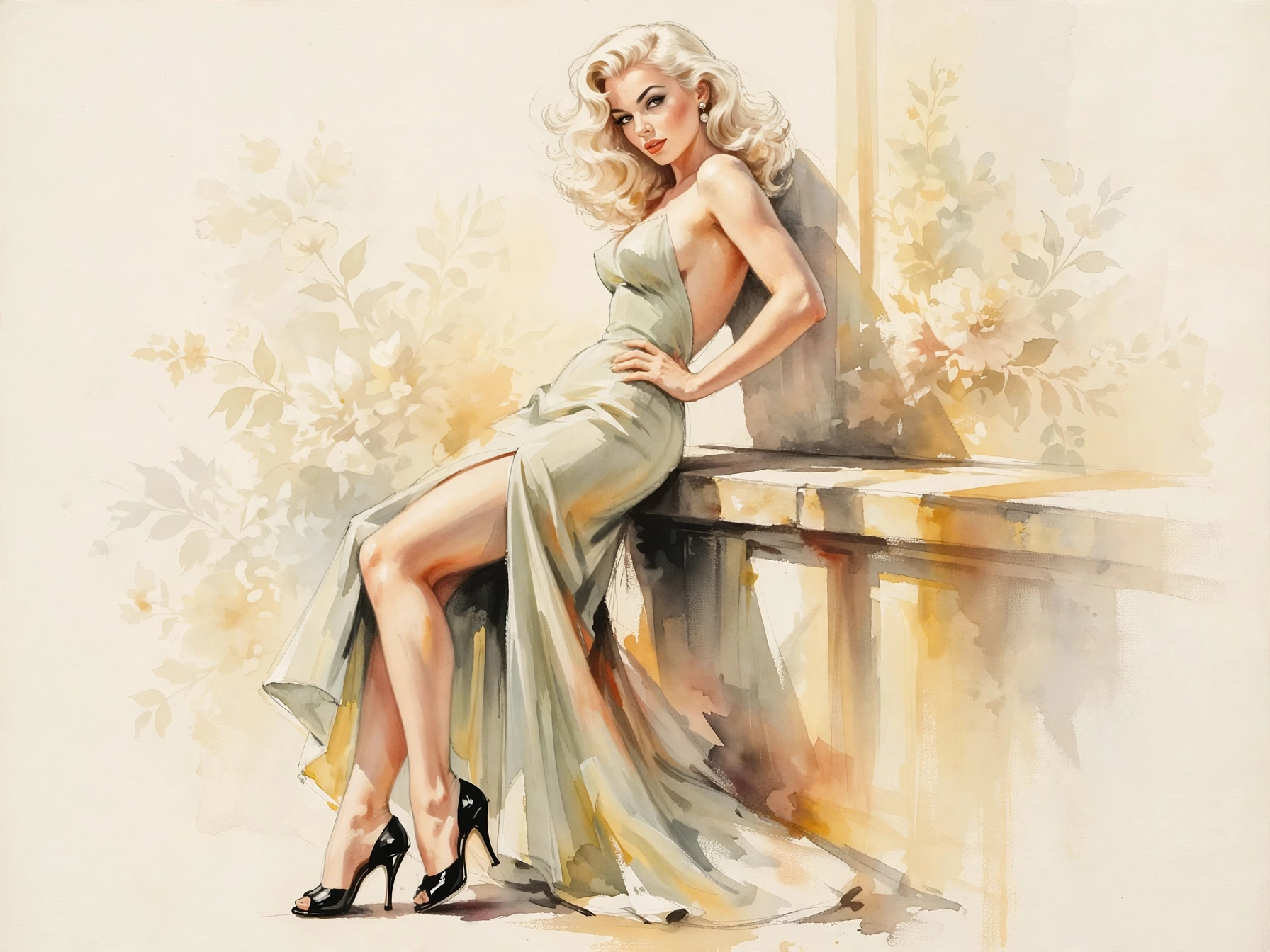 [Watercolor vintage portrait of glamorous blonde pinup woman in a silky evening gown leaning on a sunlit balcony with flor...