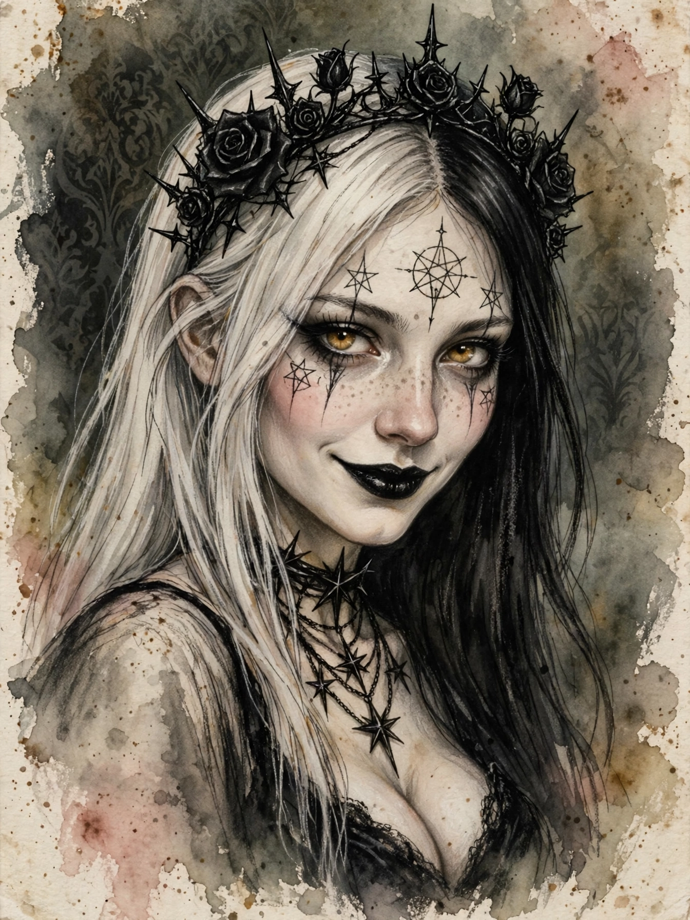 Watercolor gothic portrait of a woman with split black-white hair, black rose crown, occult star face markings and golden ...