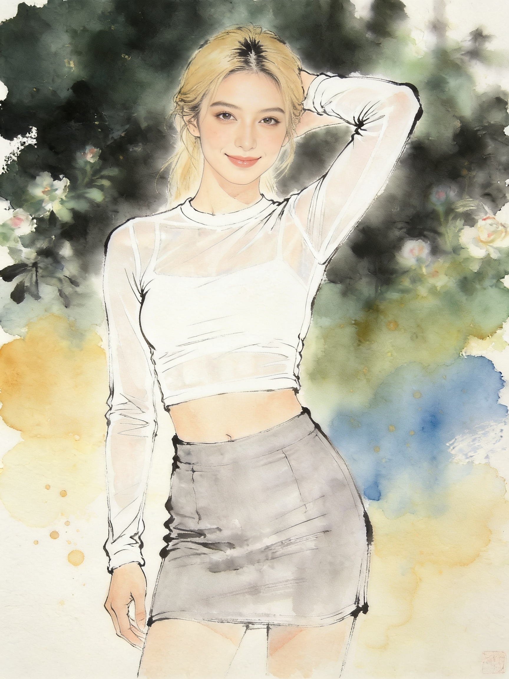 Watercolor portrait of a smiling blonde young woman with one hand behind her head, in a sheer top and grey mini skirt agai...