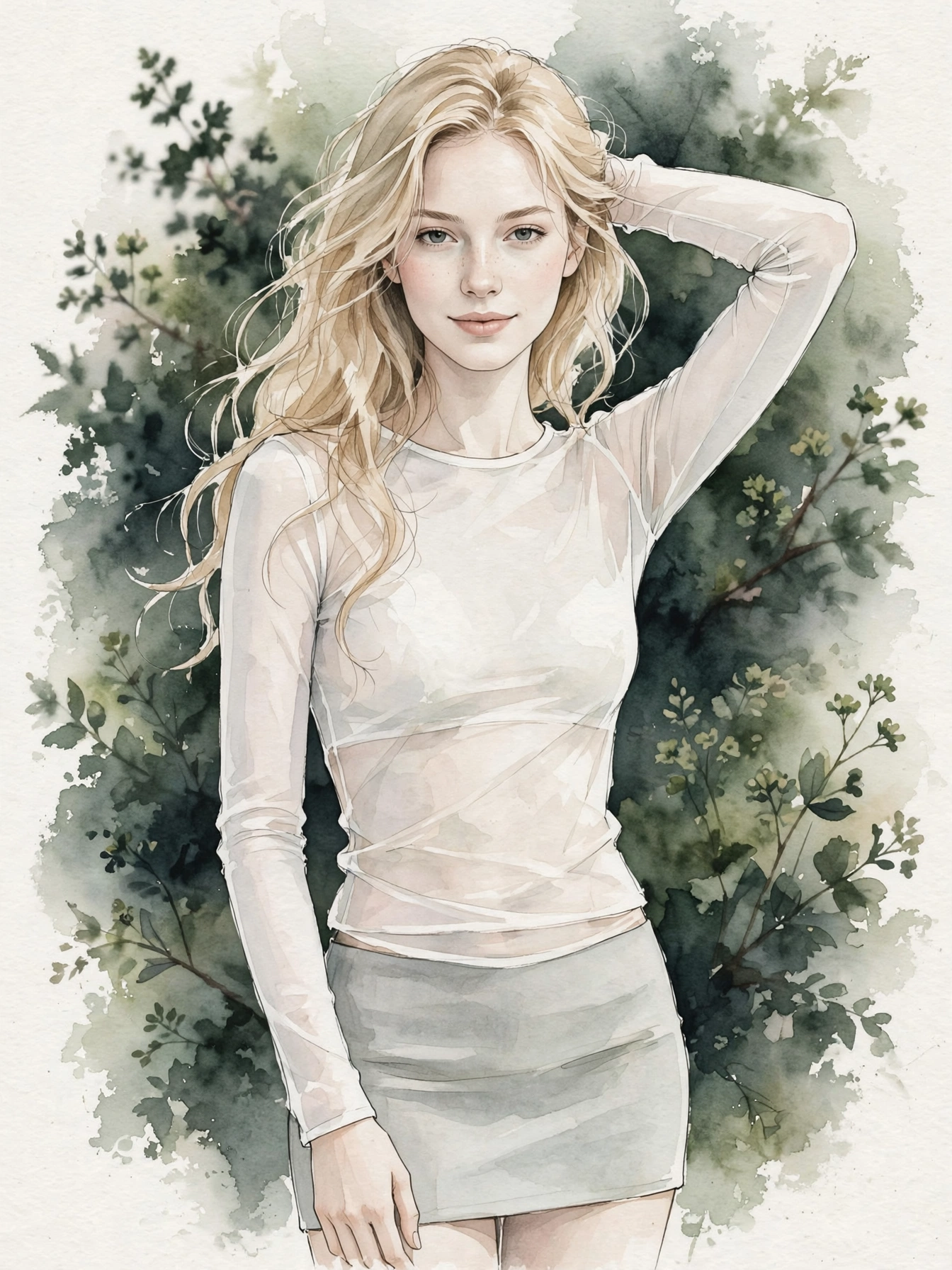 Watercolor portrait of a young blonde woman posing gently against soft, muted green leafy foliage.