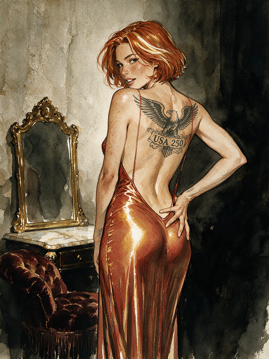 [Watercolor illustration of red-haired woman in backless metallic gown, looking over shoulder to display eagle USA back ta...